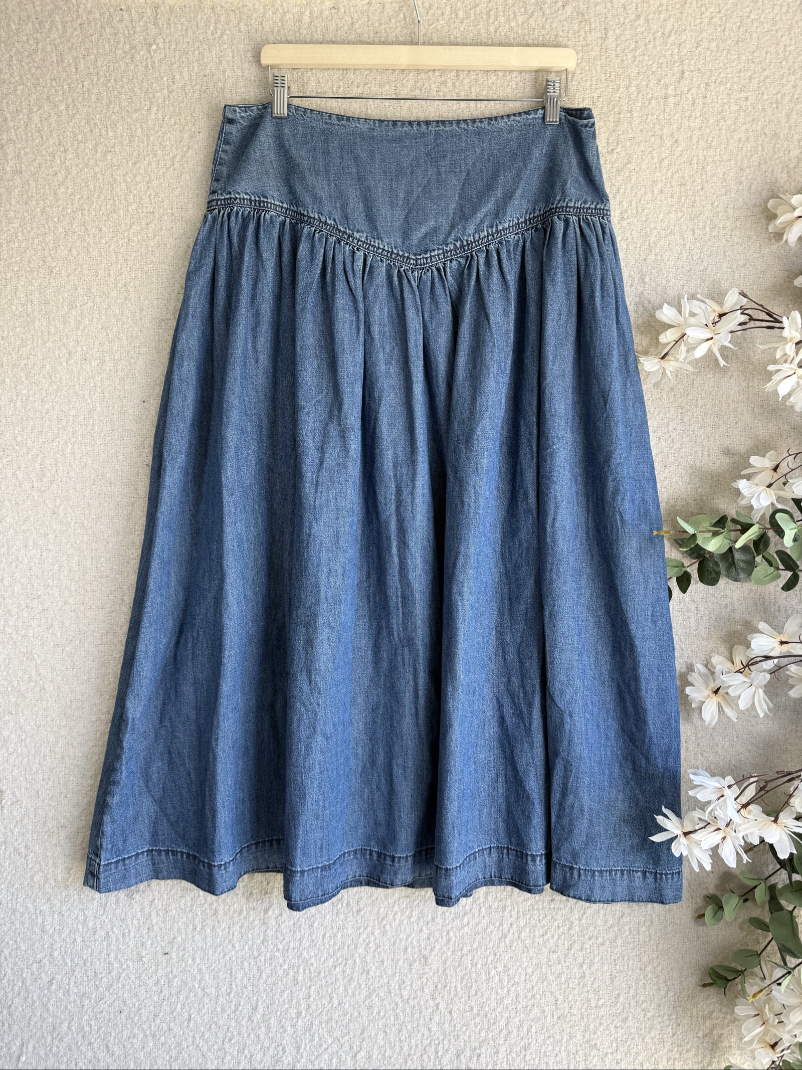 Tu Denim Blue Midi Skirt Size 16 Casual Flared Cotton Summer Boho Style
