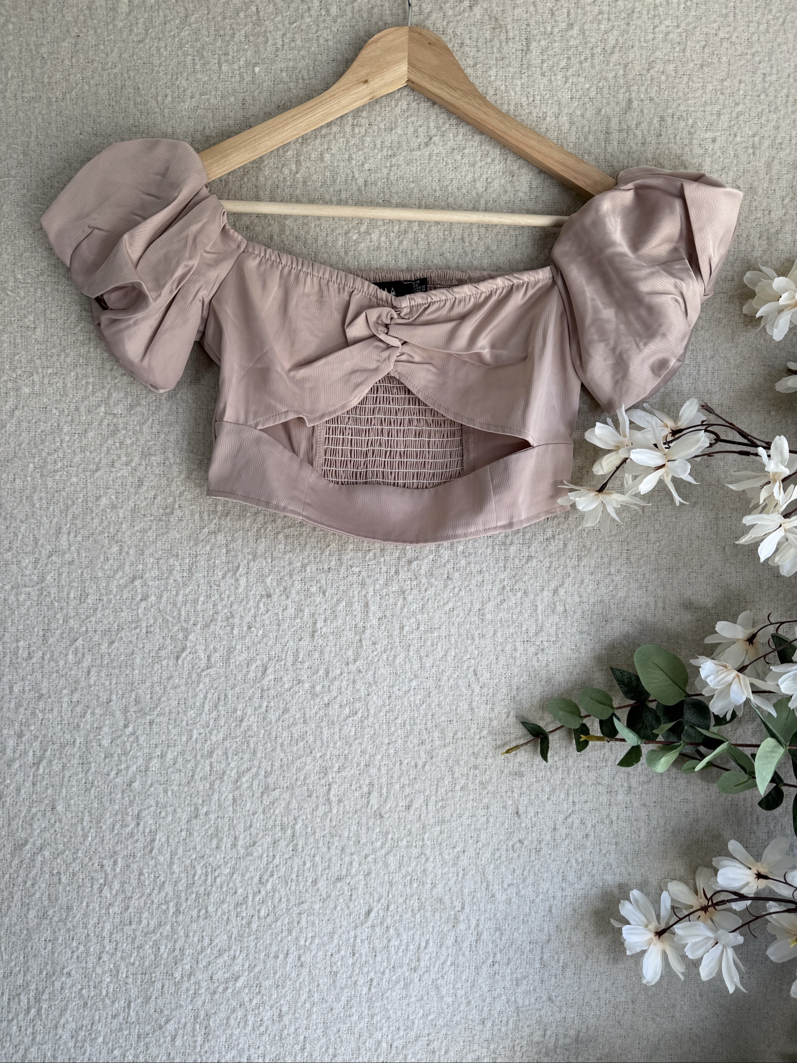 Naanaa Blush Pink Off Shoulder Crop Top Size 10 Puff Sleeve Summer Chic