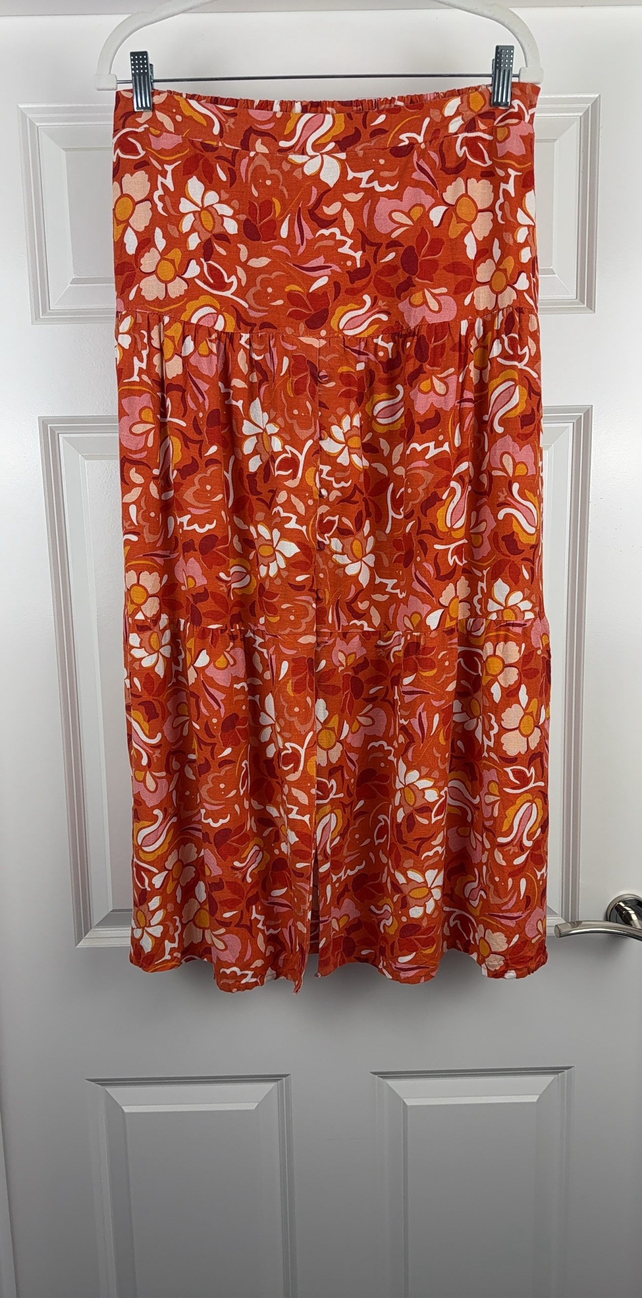 Orange Floral Print Midi Skirt Medium Elastic Waist