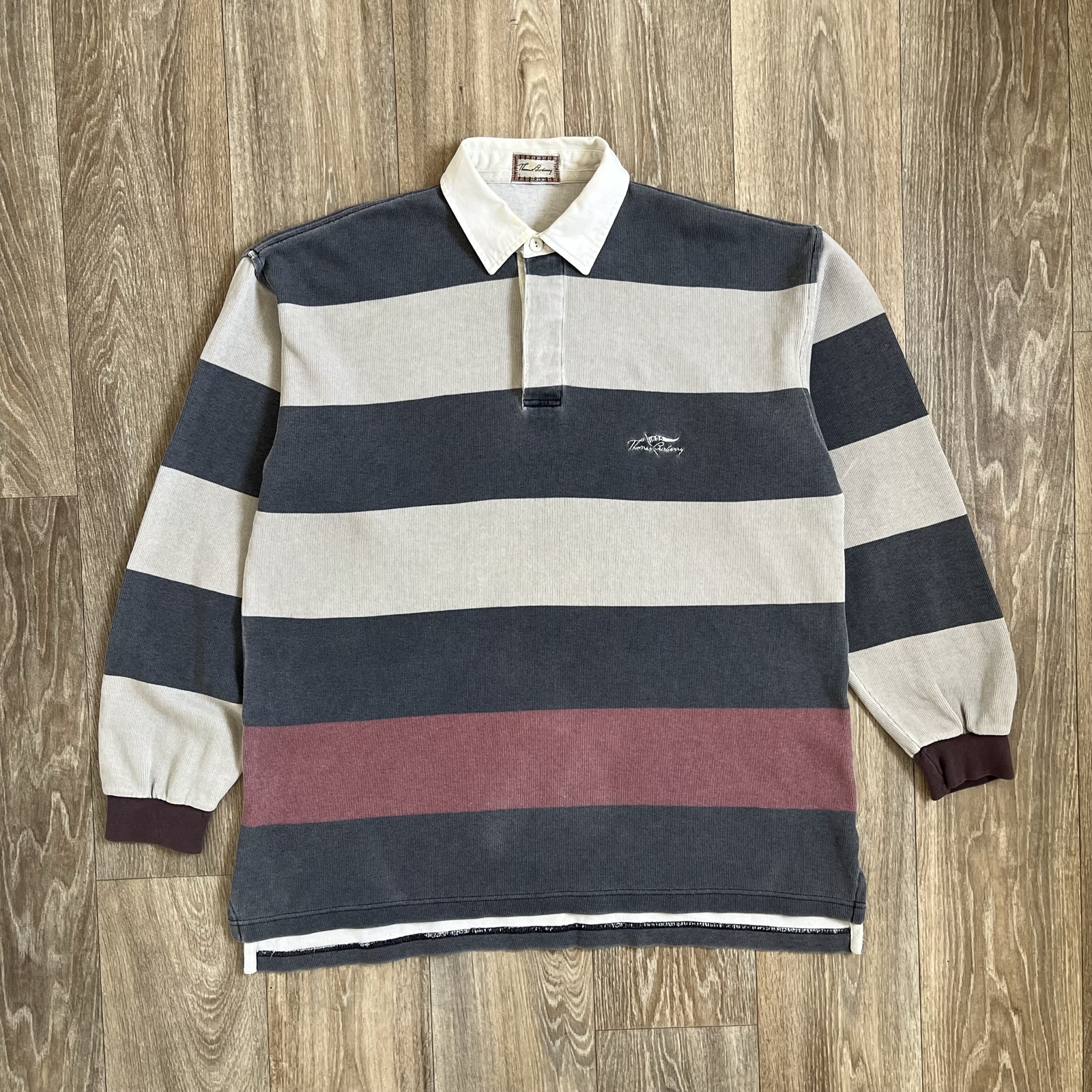 Vintage Thomas Burberry Grey & Red Stripe Rugby Shirt Mens Large Preppy 90s Designer