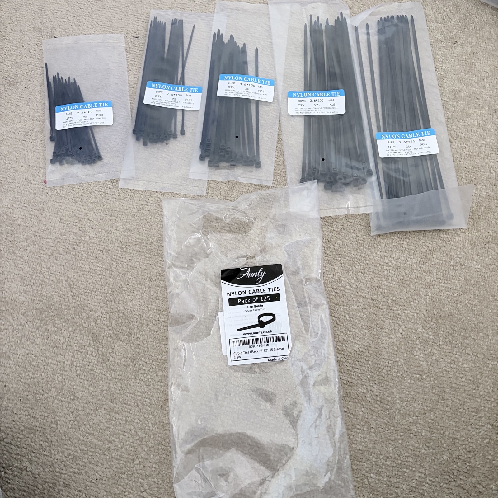 Aunly Black Nylon Cable Ties Pack of 125