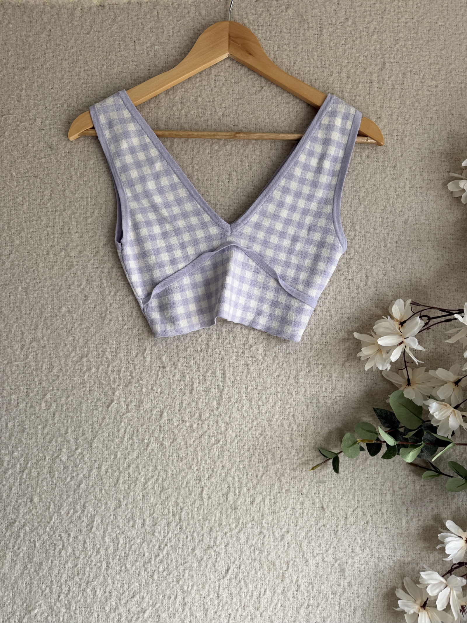 Zara Lilac & White Checked Knit Crop Top Medium Sleeveless V-Neck Chic