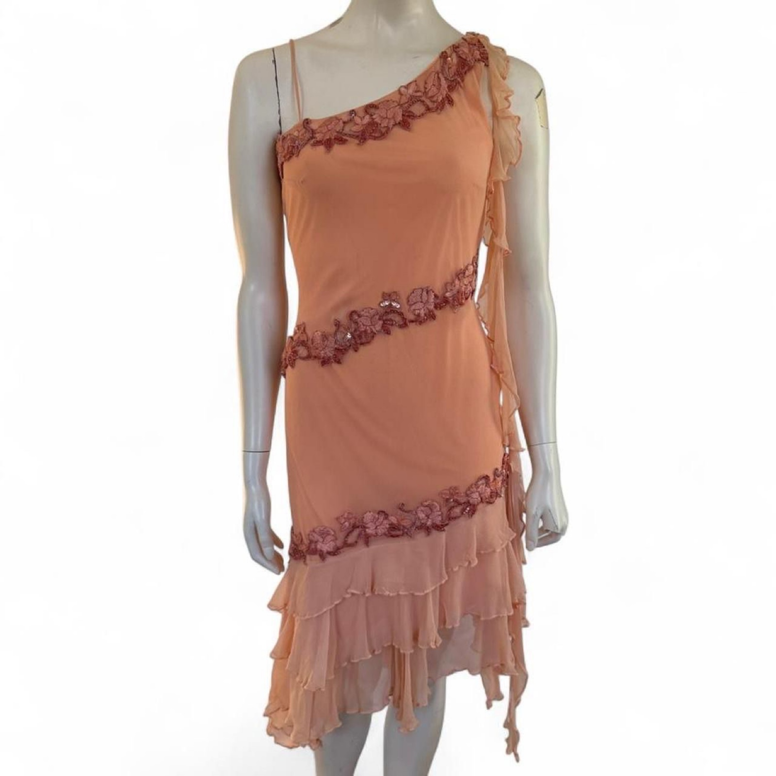 Vintage After Six Y2K Apricot Silk Asymmetric Dress - UK 10