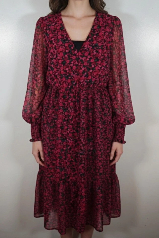 Women's Floral Sheer Midi Dress Long Sleeve Smocked V-Neck Boho Size 12
