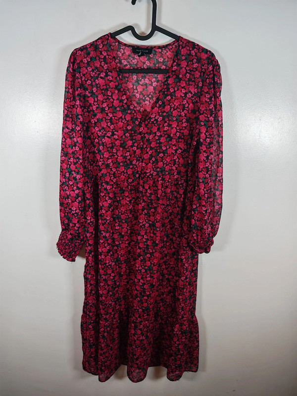 Women's Floral Sheer Midi Dress Long Sleeve Smocked V-Neck Boho Size 12 image 2