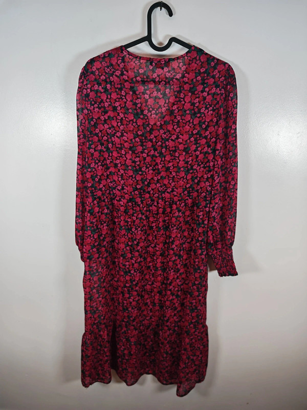 Women's Floral Sheer Midi Dress Long Sleeve Smocked V-Neck Boho Size 12 image 3