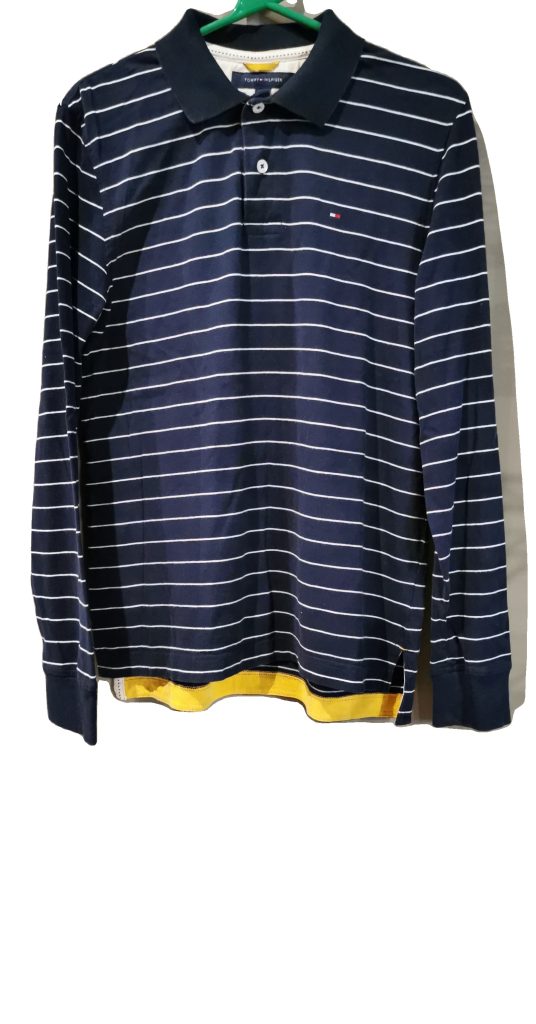 Tommy Hilfiger Navy Striped Long Sleeve Polo Shirt Medium Slim Fit
