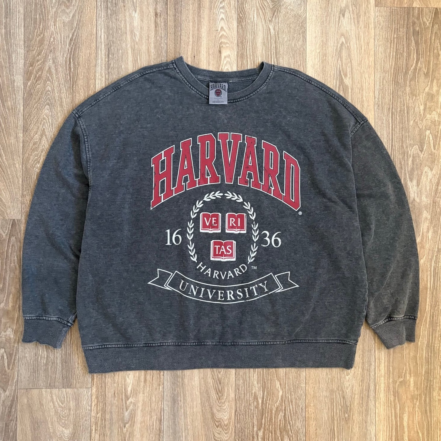 Vintage Harvard Grey Spellout Sweatshirt Mens Large Boxy Fit Preppy College Design