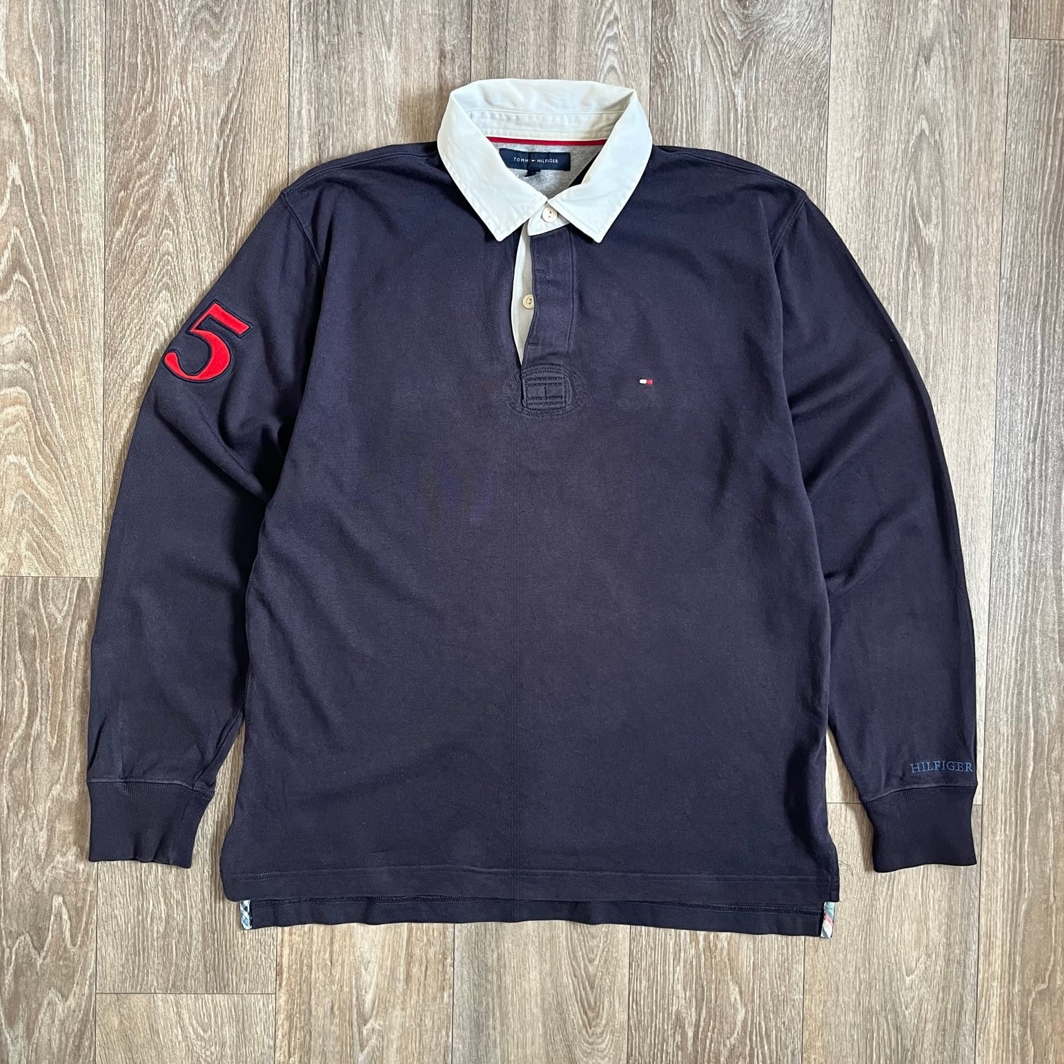 Vintage Tommy Hilfiger Navy Rugby Shirt Mens Large Back Patch Embroidery Preppy Y2K