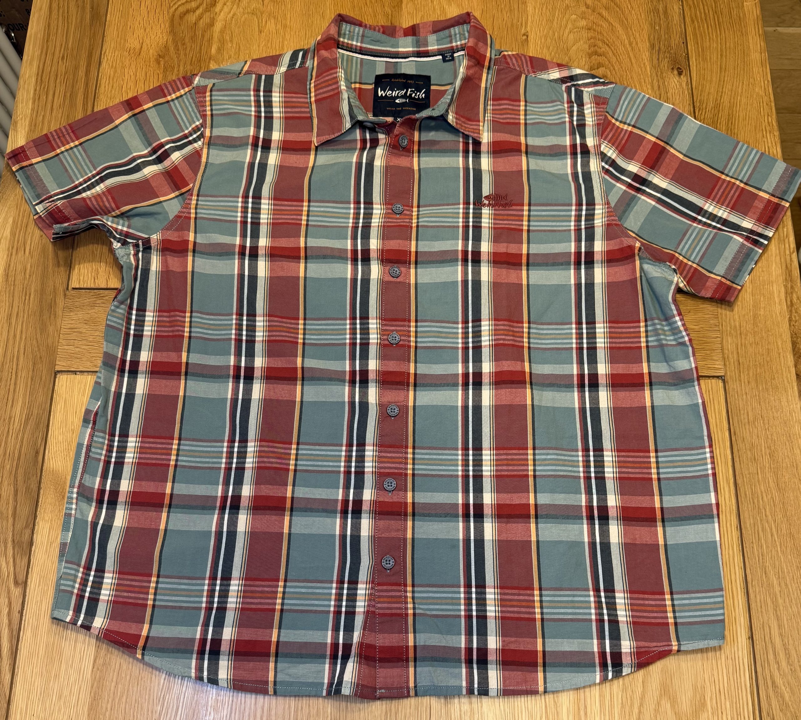 Weird Fish Mineral Blue & Red Check Short Sleeve Shirt XL
