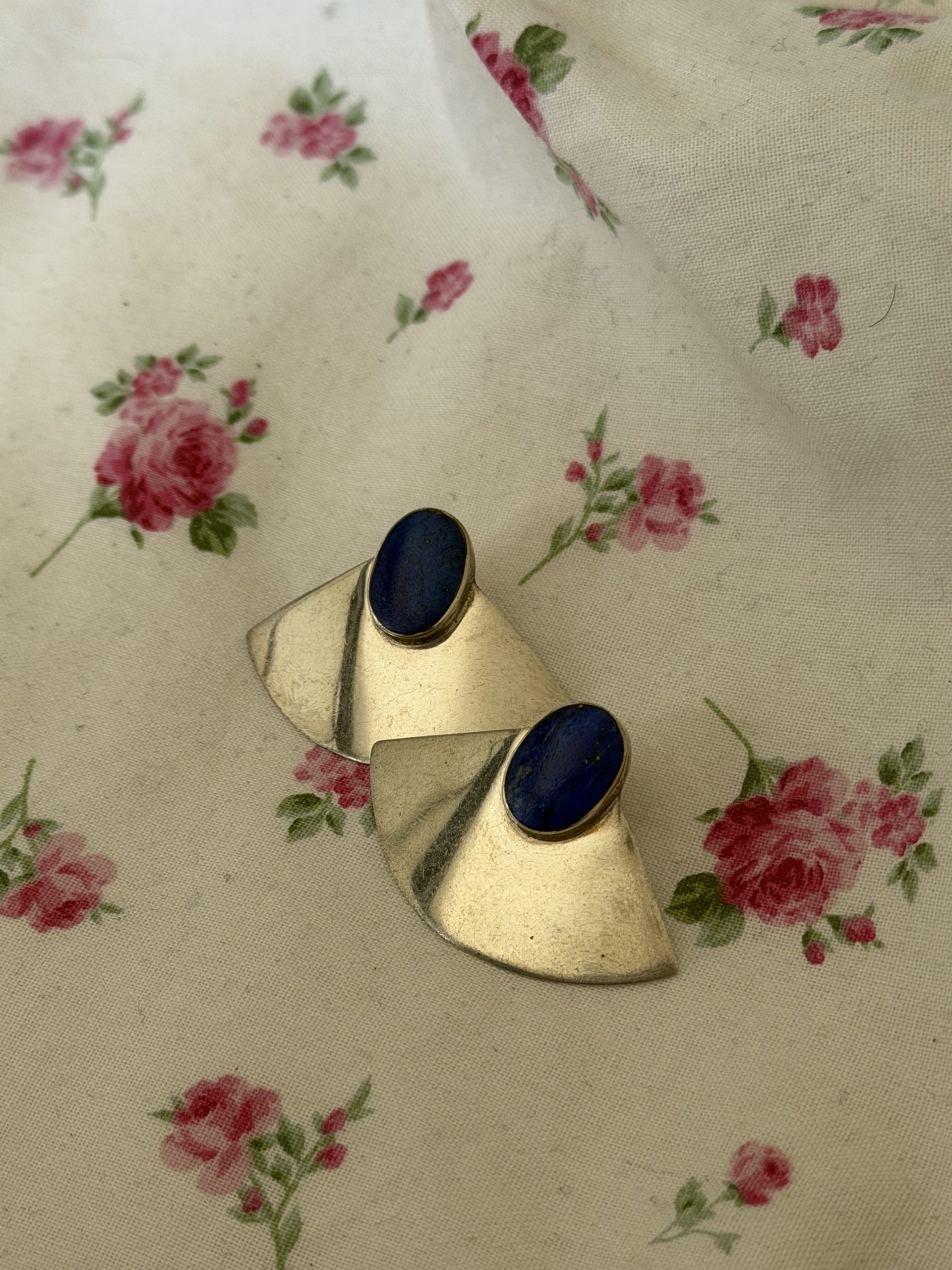 Vintage Silver 925 & Blue Stone Fan Shaped Stud Earrings 325 Silver J11-Jewel image 3