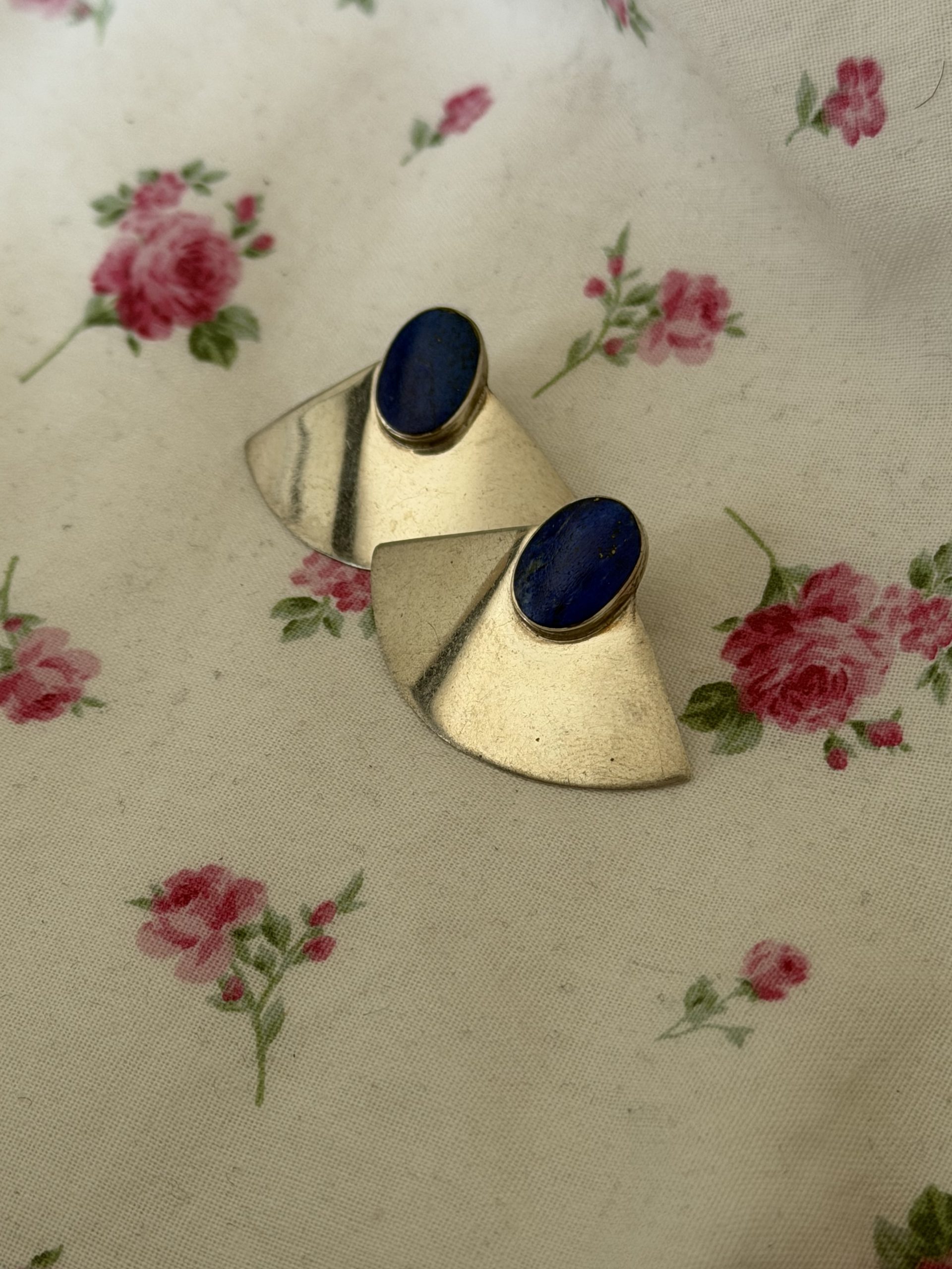 Vintage Silver 925 & Blue Stone Fan Shaped Stud Earrings 325 Silver J11-Jewel image 4