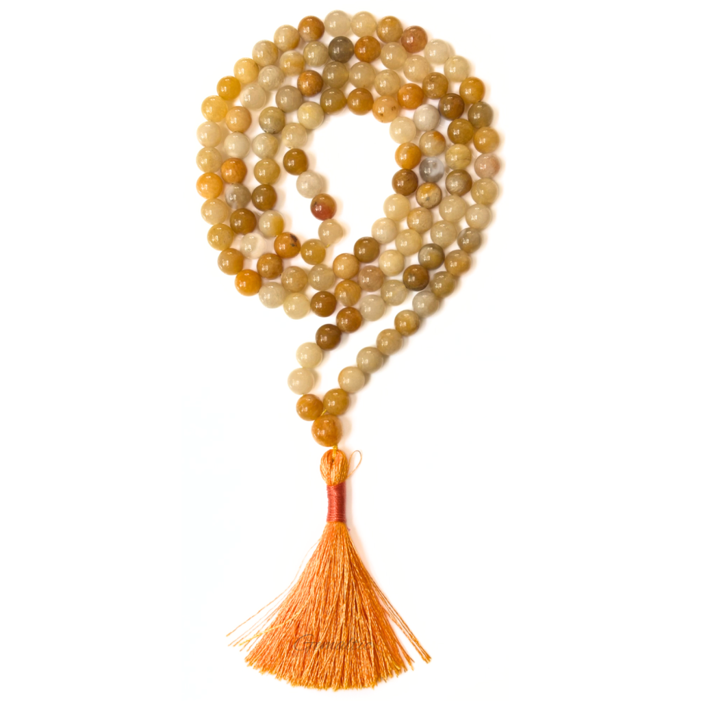 Natural Yellow Aventurine Mala Bead Necklace 8mm Round Beads with Orange Tassel
