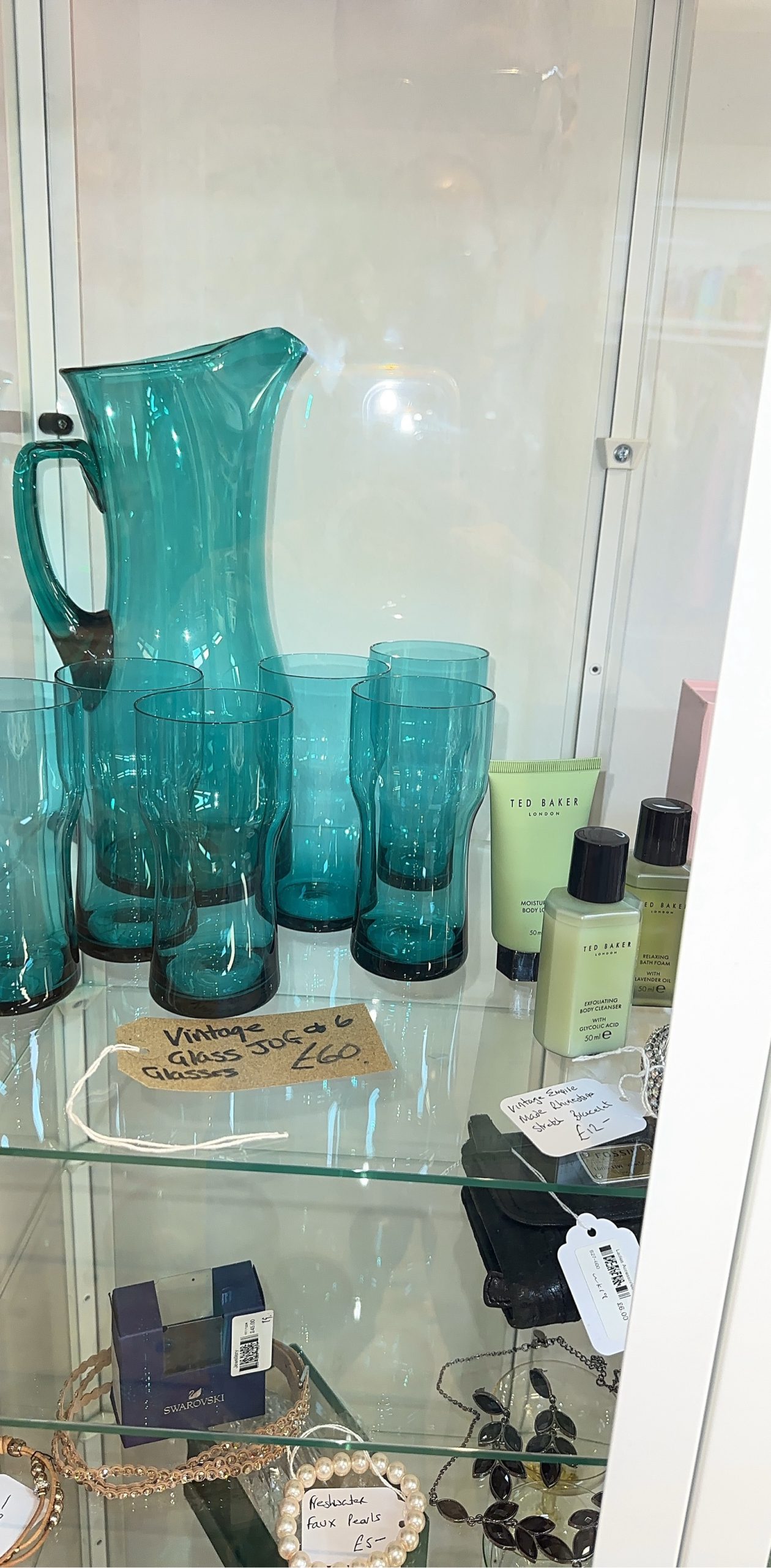 Vintage Blue Glass Jug & 6 Glasses Set