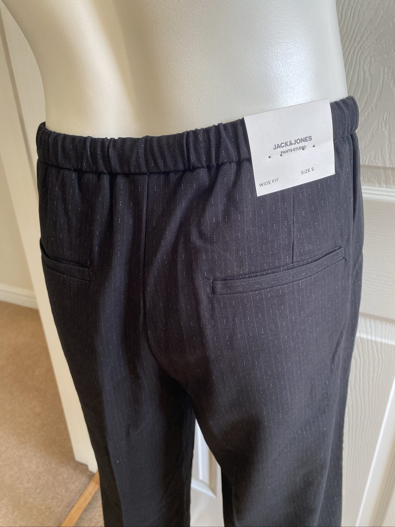 Jack & Jones Wide Fit Black Pinstripe Trousers - Size S image 6