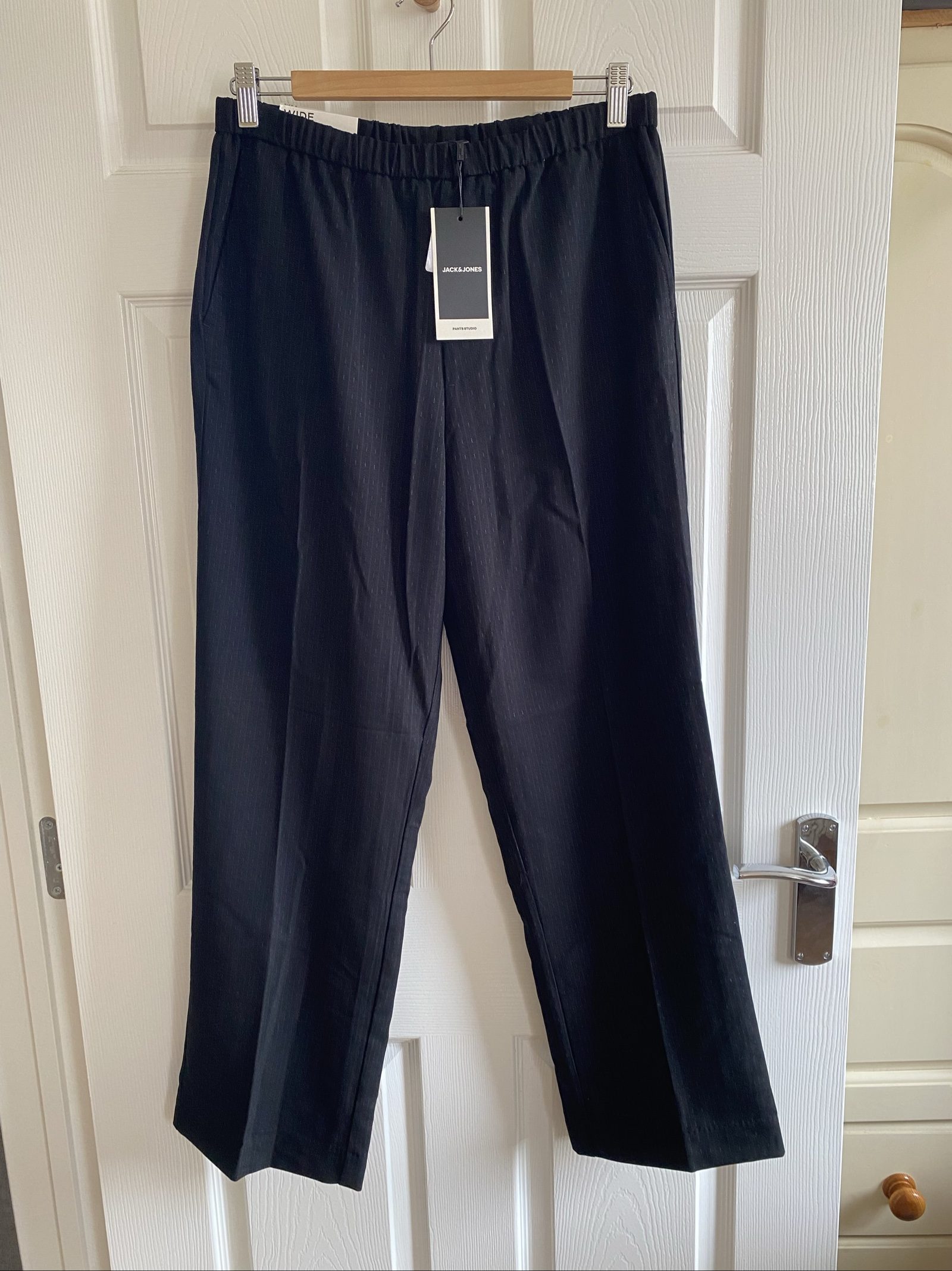Jack & Jones Wide Fit Black Pinstripe Trousers - Size S image 7