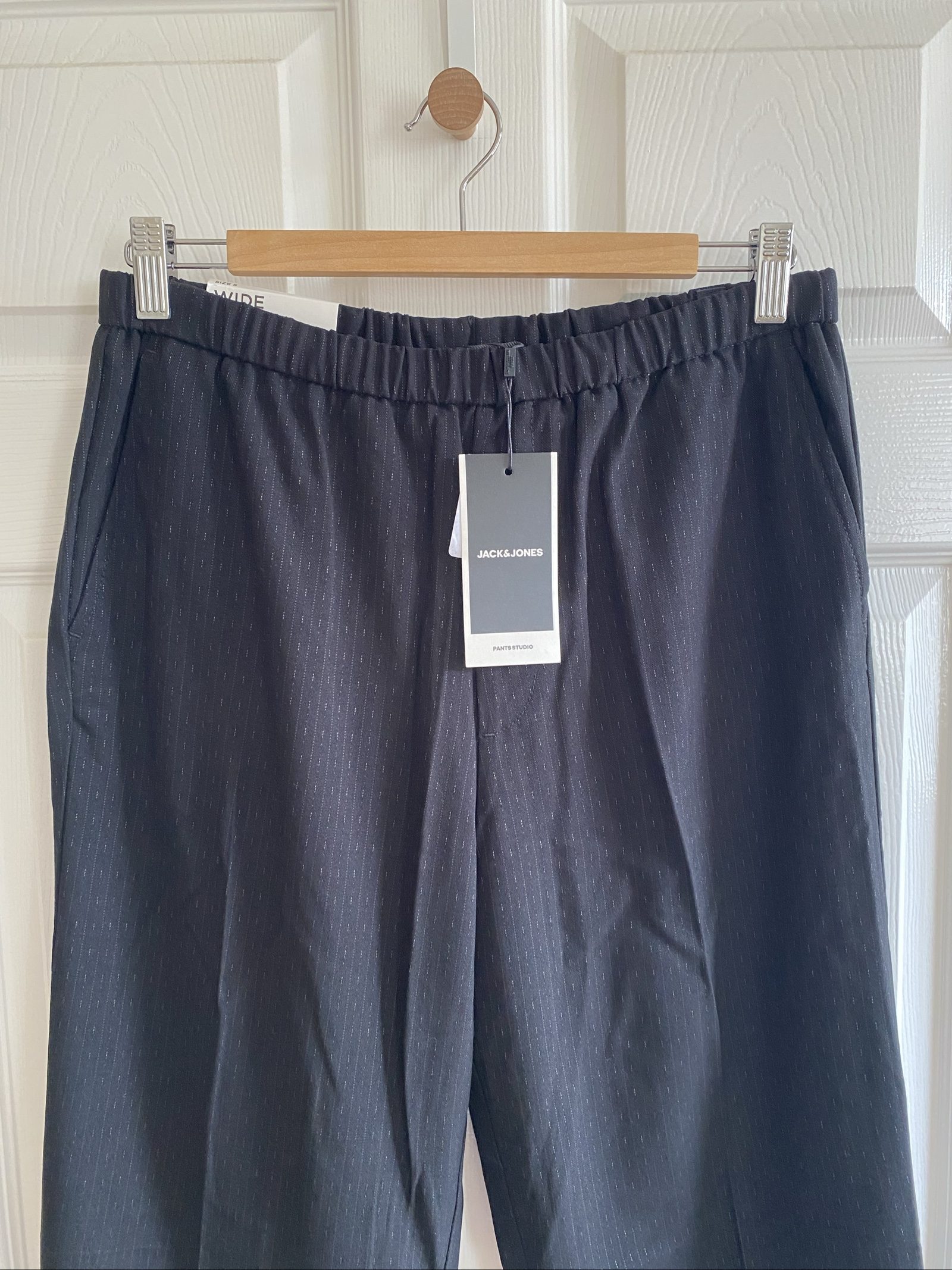 Jack & Jones Wide Fit Black Pinstripe Trousers - Size S image 8