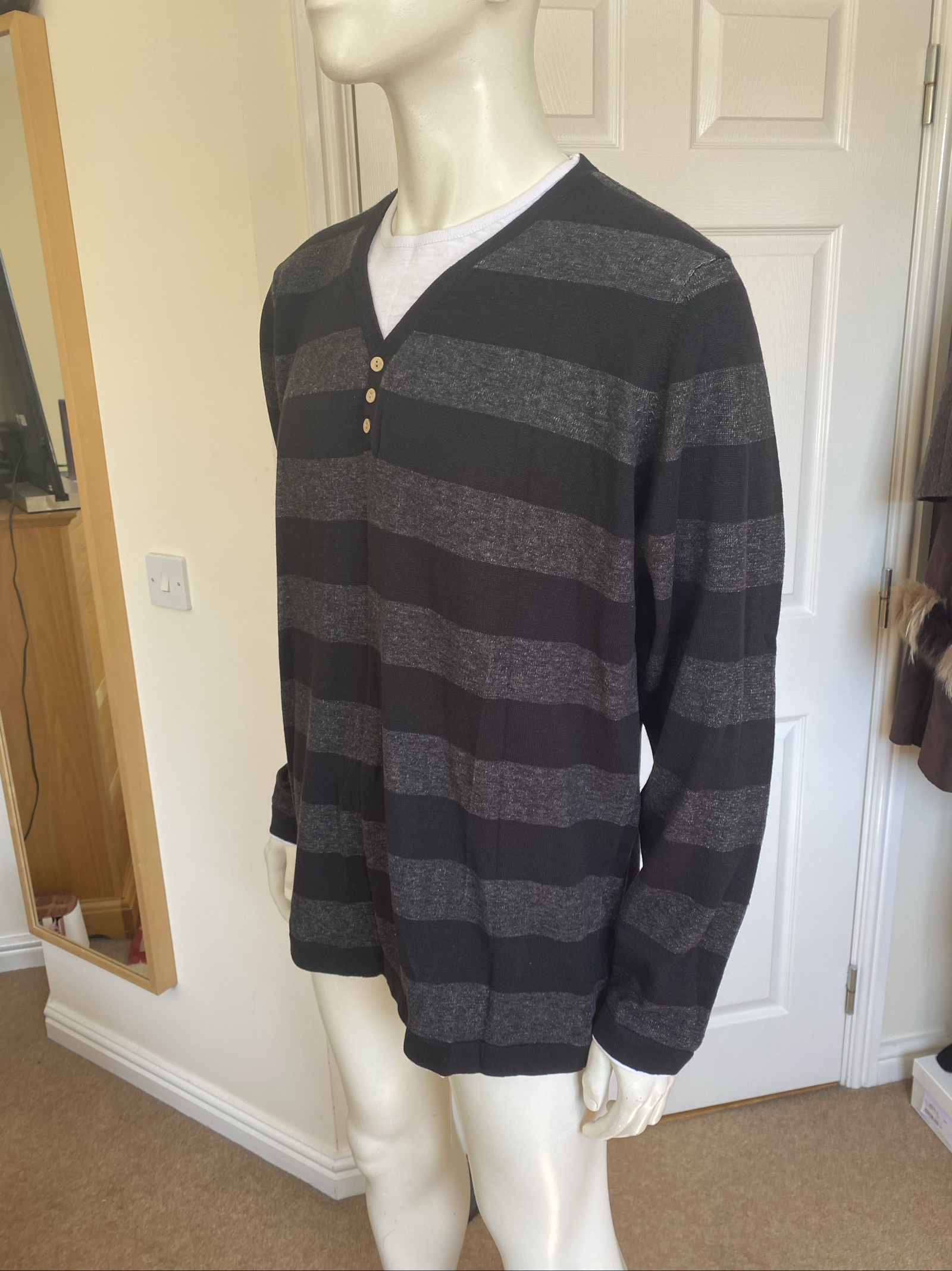 F&F Black & Grey Striped V-Neck Linen Blend Knitted Jumper - Size XL image 2