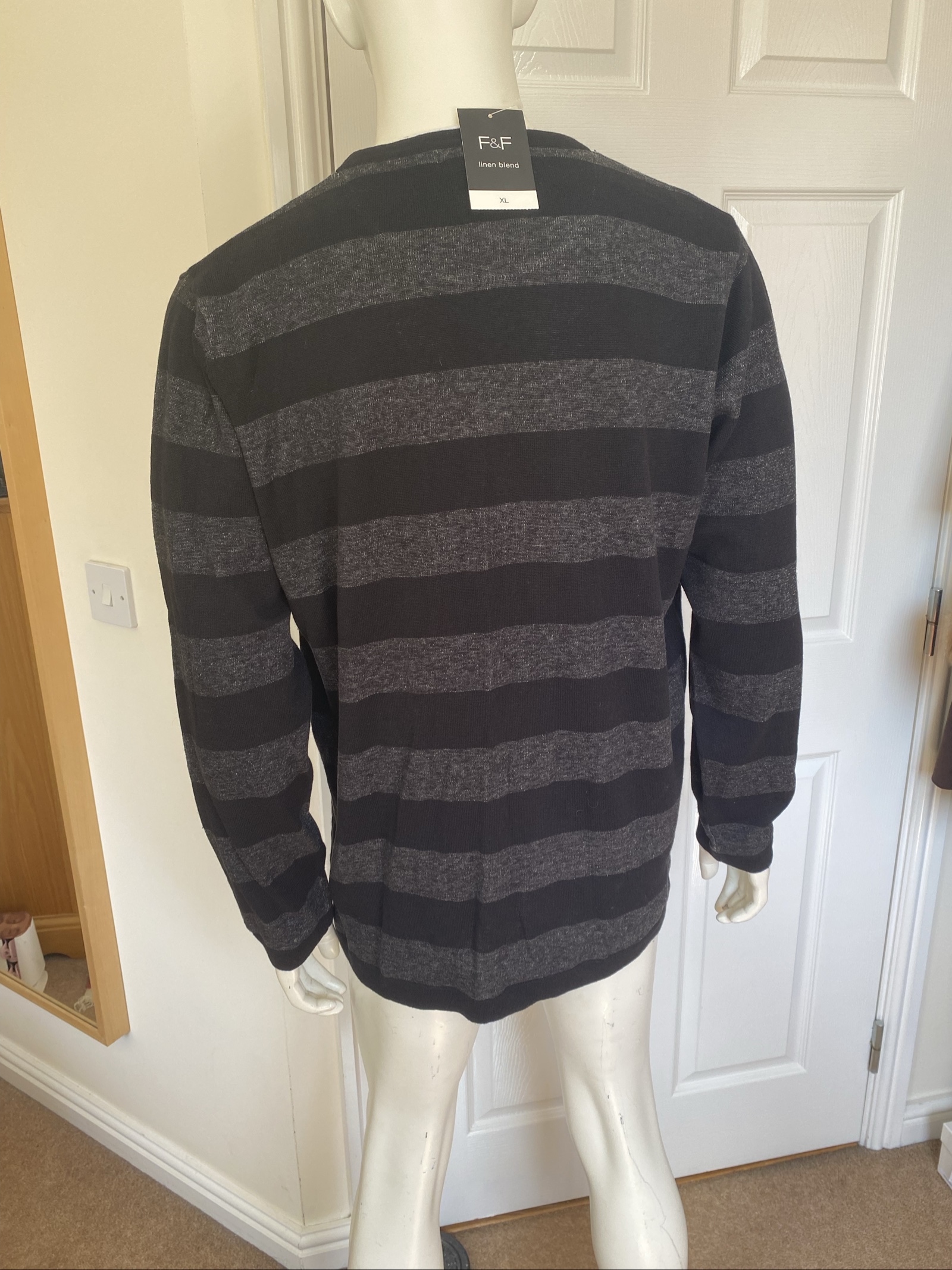 F&F Black & Grey Striped V-Neck Linen Blend Knitted Jumper - Size XL image 3