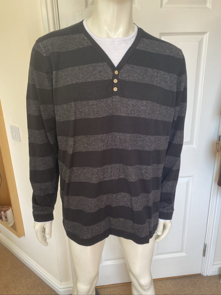 F&F Black & Grey Striped V-Neck Linen Blend Knitted Jumper - Size XL