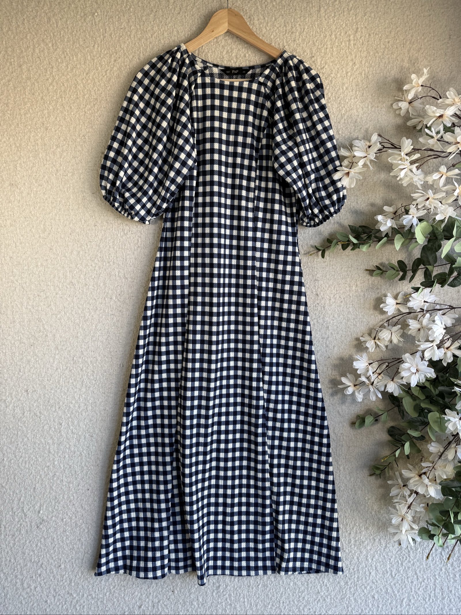 F&F Navy & White Check Puff Sleeve Casual Maxi Dress Medium UK 12-14