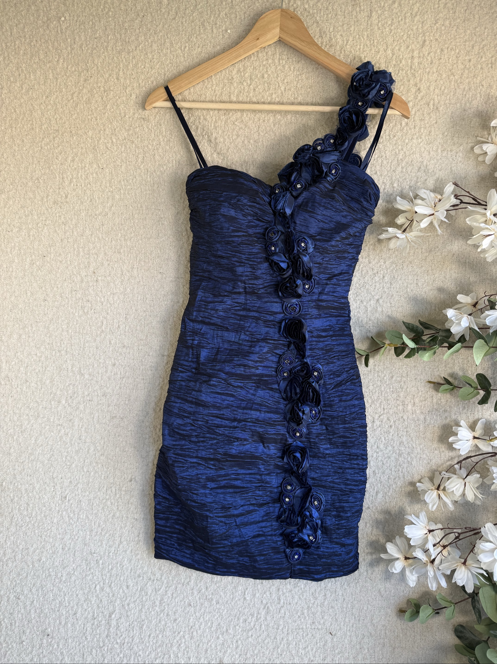 Quiz Navy Blue One Shoulder Floral Embellished Ruched Mini Dress Size 10 Slim Fit