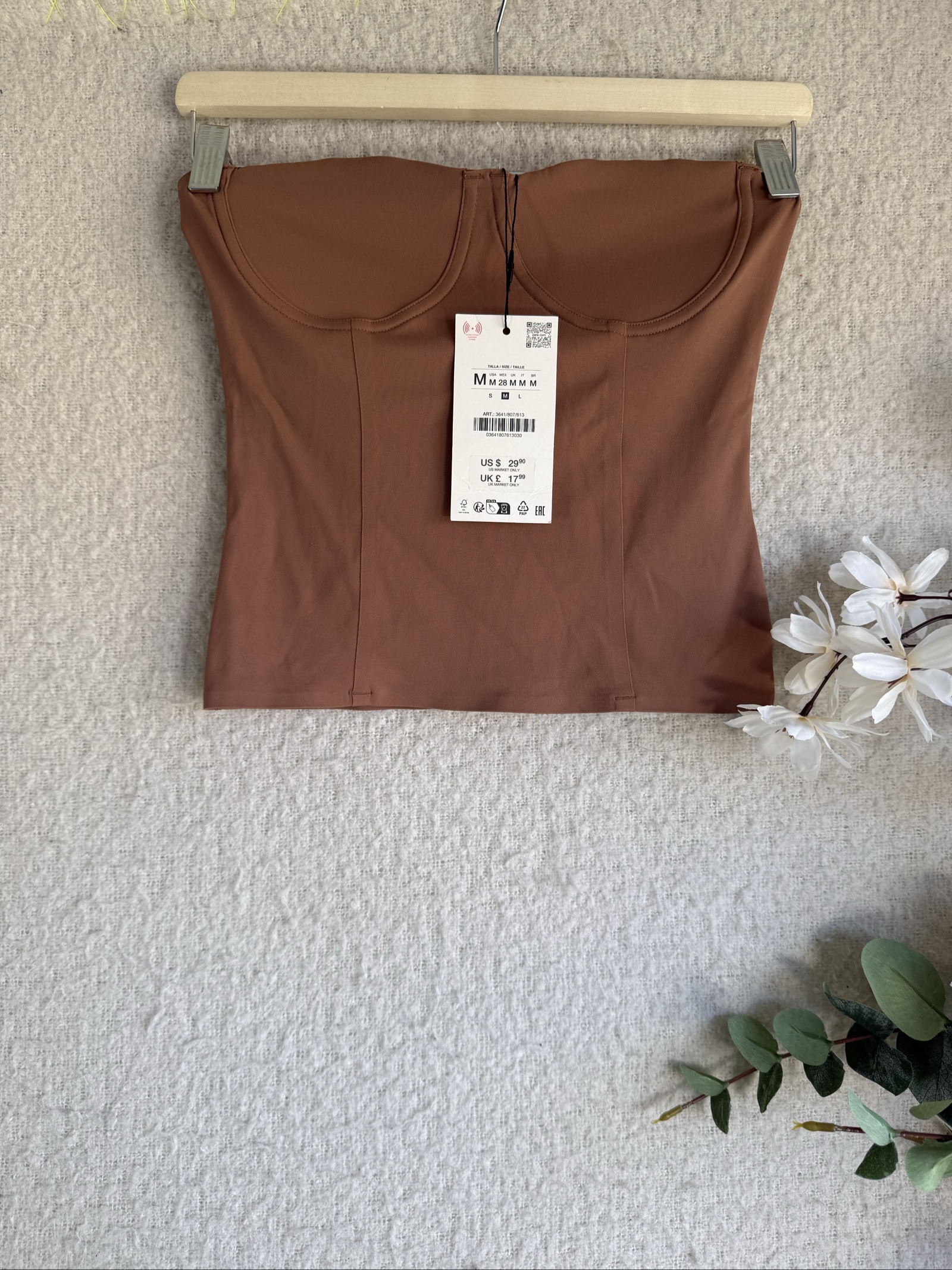 Zara Brown Corset Bustier Crop Top Medium Stylish Casual Strapless