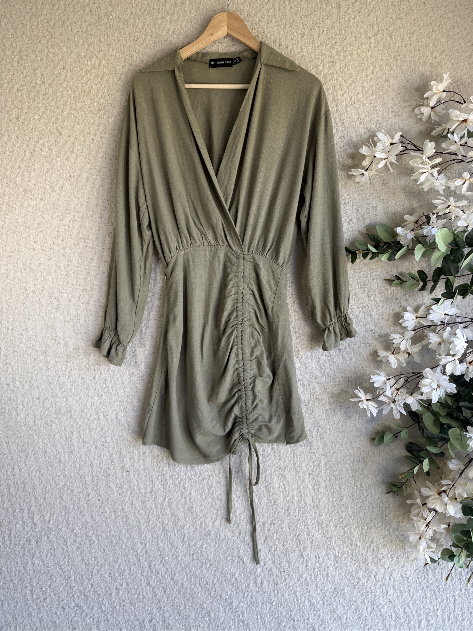 PrettyLittleThing Khaki Green Linen & Viscose Ruched Front Mini Dress Size 10
