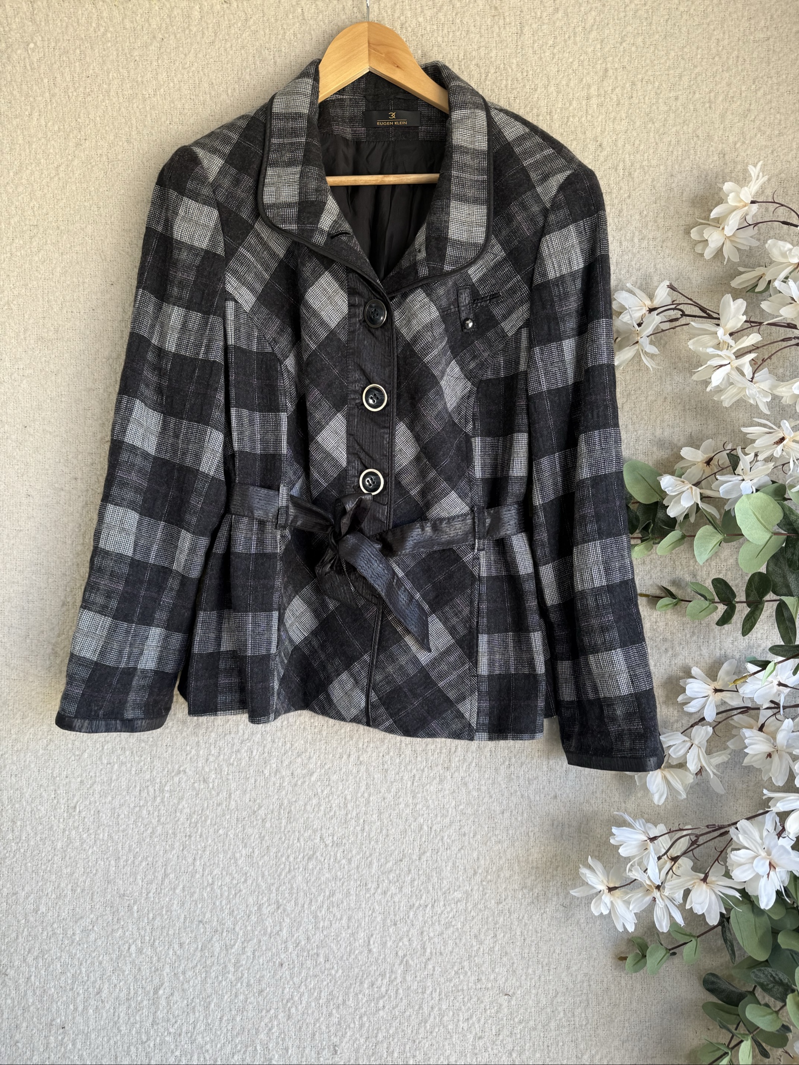 Eugen Klein Black & Grey Checked Wool Blend Blazer Jacket Size 18 Stylish