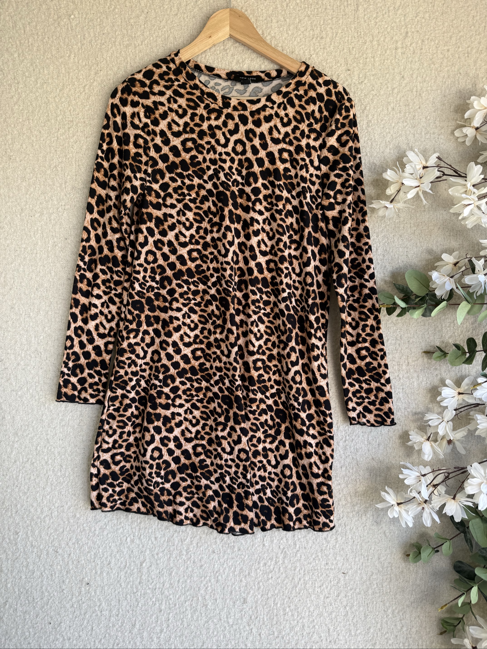 New Look Leopard Print Stretch Dress Size 10 Long Sleeve Stylish Casual New Look