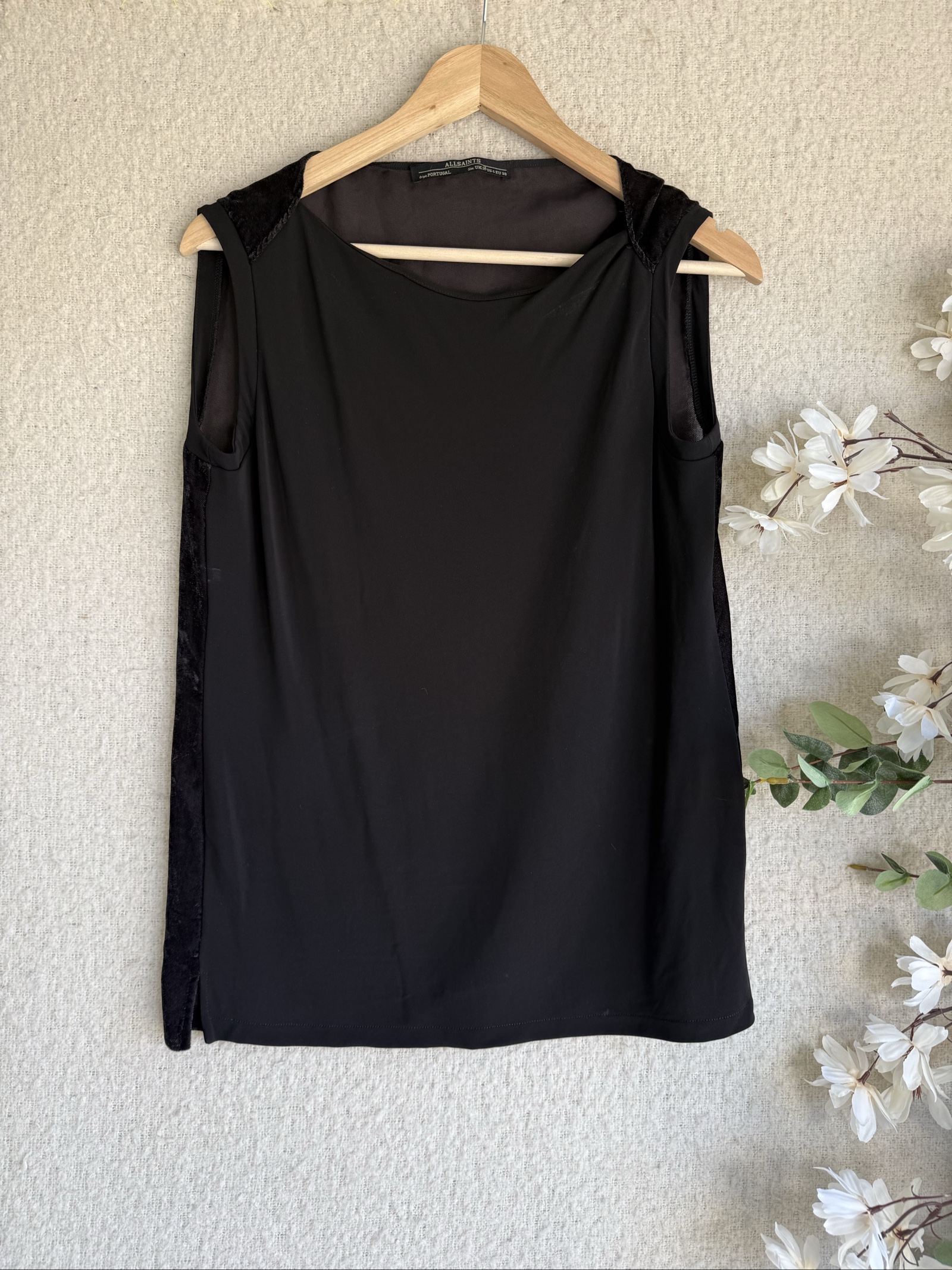 AllSaints Black & Velvet Panel Sleeveless Top Size 10 Chic Summer Casual
