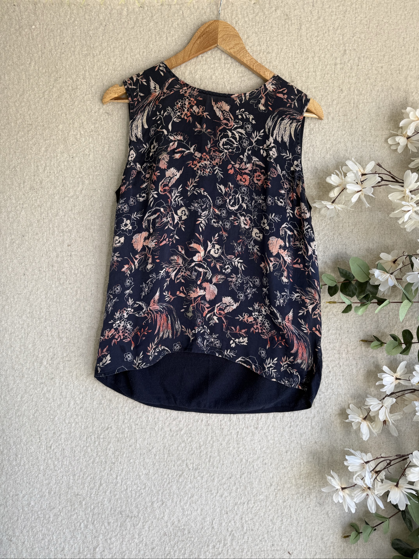 Monsoon Navy Blue Floral Silk Blend Sleeveless Top Size 16 Elegant Casual
