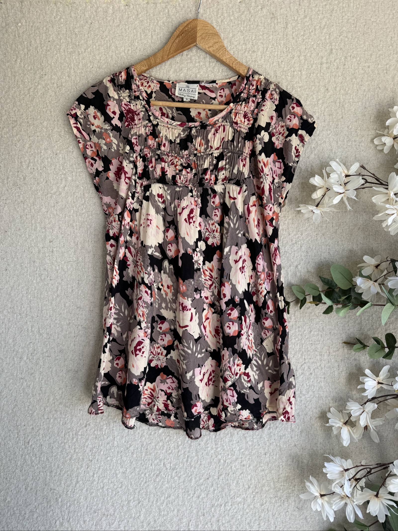 Masai Black Pink Floral Boho Casual Blouse Small Flowing Top Stylish