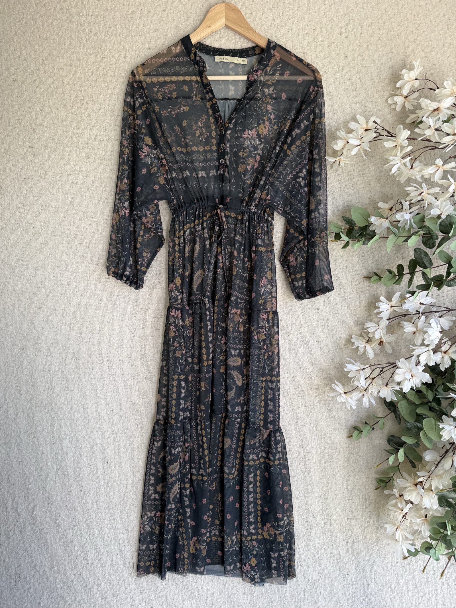 Oasis Black Floral Mesh Maxi Dress XS Sheer Boho Festival Casual Chic