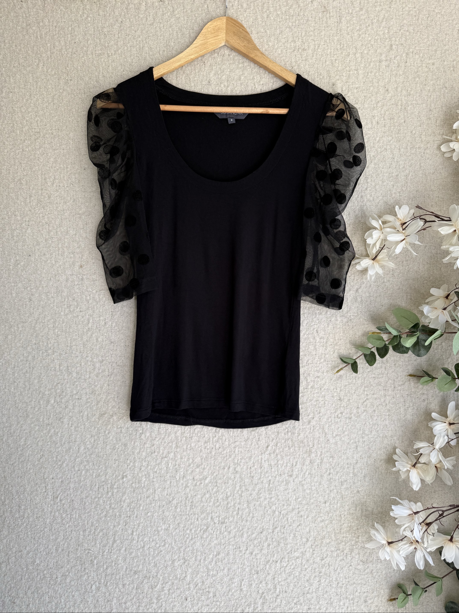 SOSANDAR Black Sheer Polka Dot Puff Sleeve Top Size 8 Stylish Casual Chic