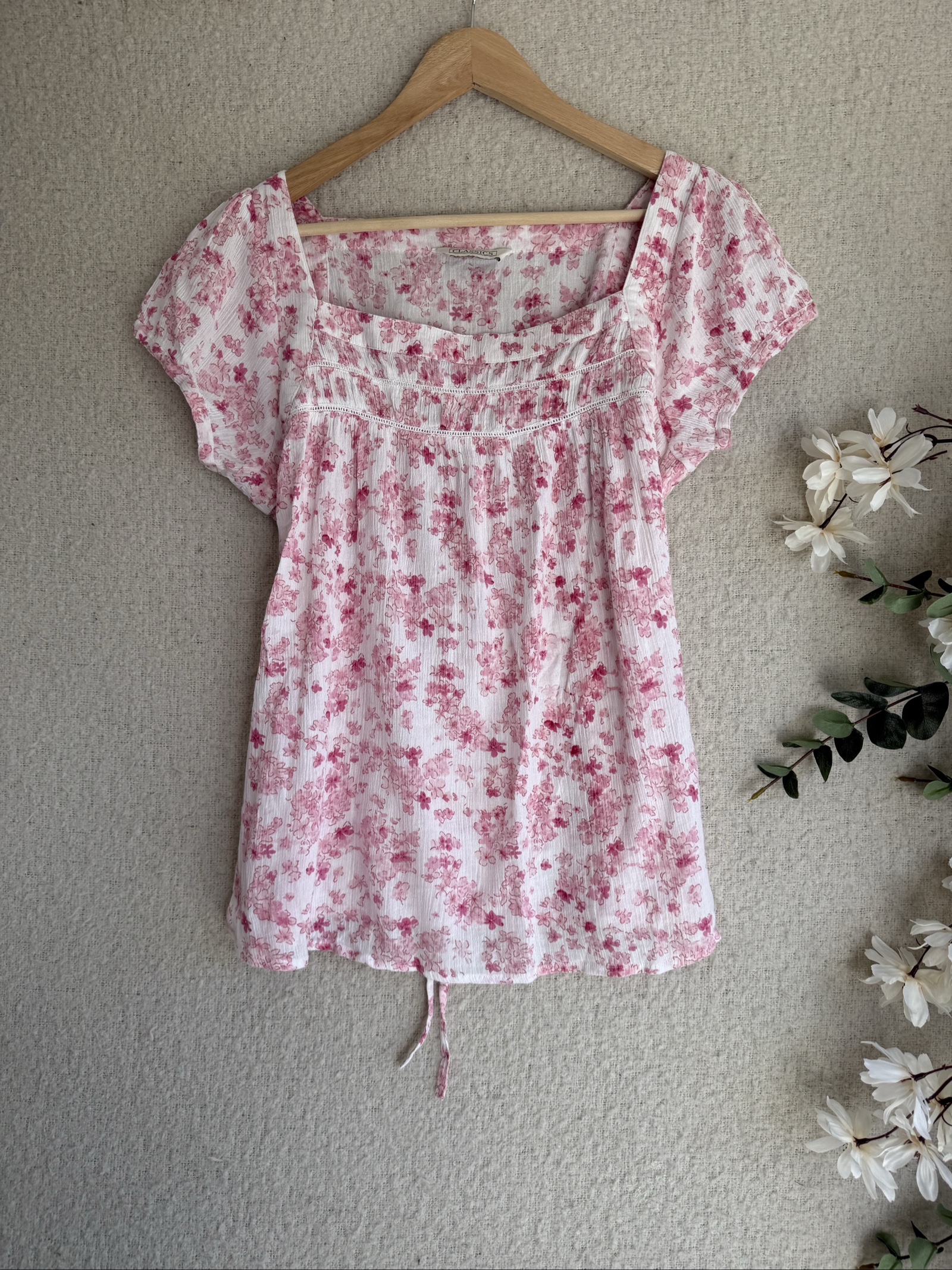 Classics Pink Floral Cotton Summer Blouse Size 16 Tie Waist Casual Top