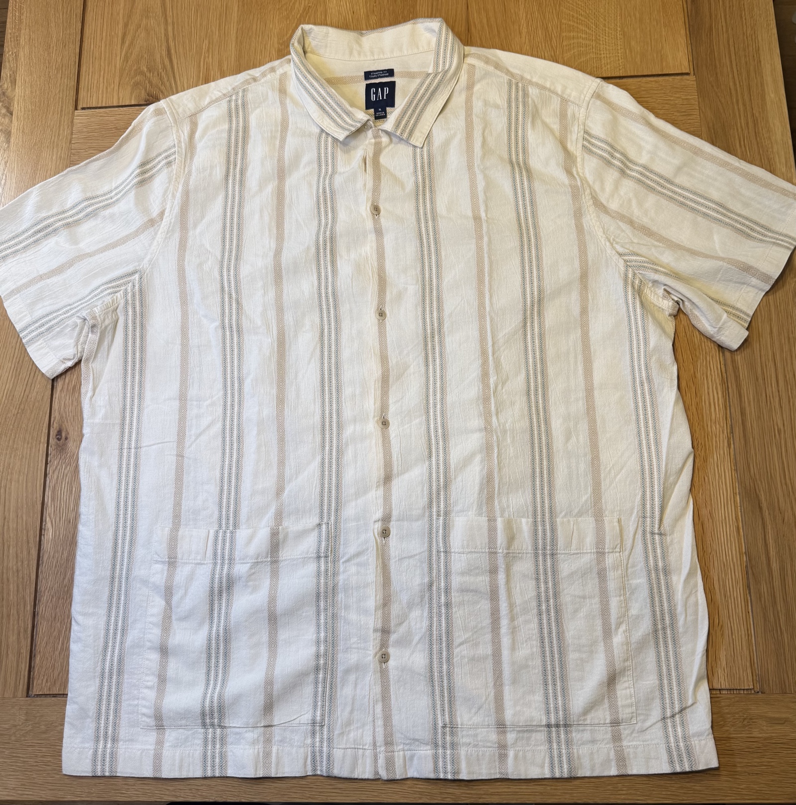 GAP White & Beige Striped Cotton Shirt XL Standard Fit