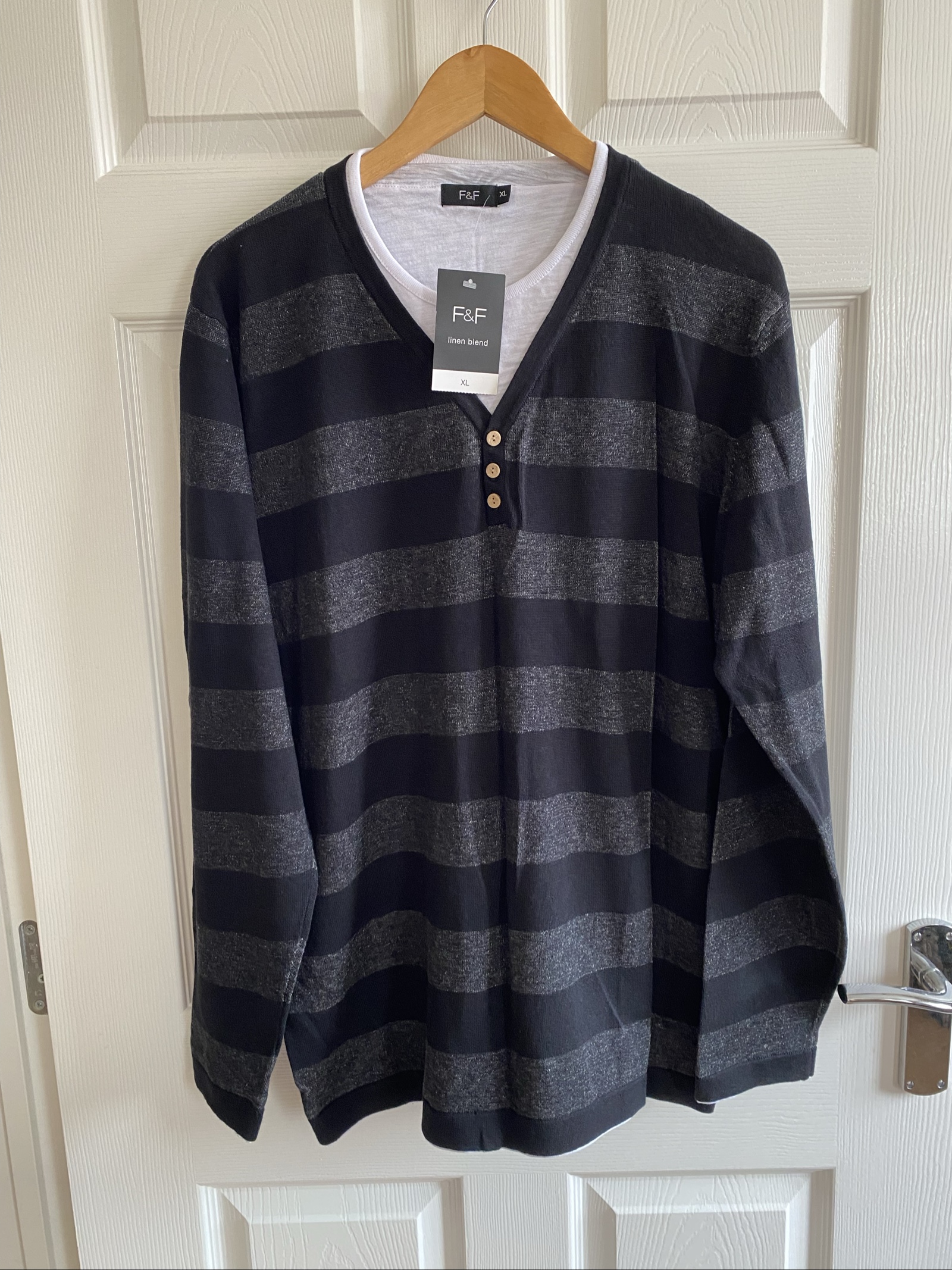 F&F Black & Grey Striped V-Neck Linen Blend Knitted Jumper - Size XL image 4