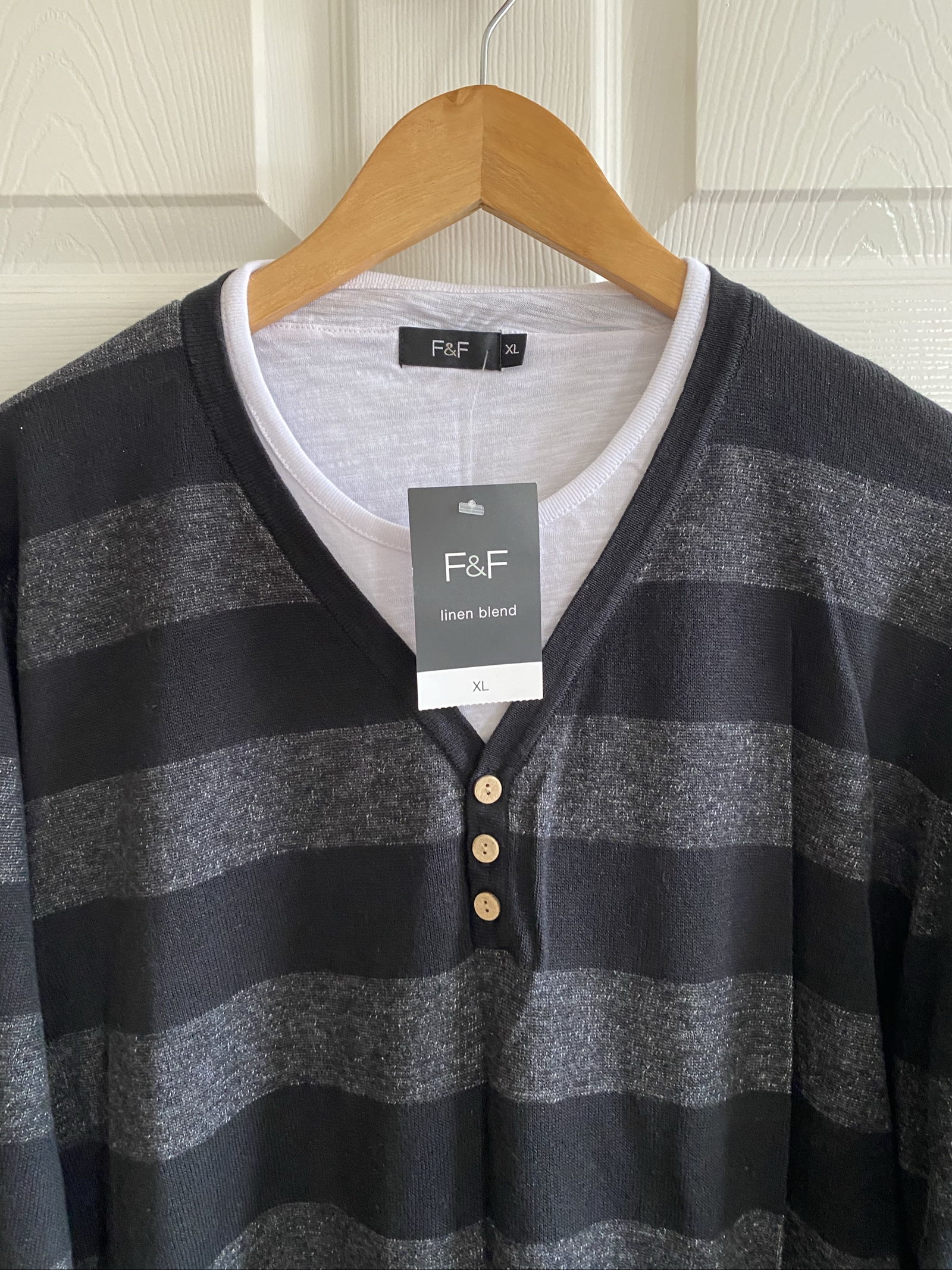 F&F Black & Grey Striped V-Neck Linen Blend Knitted Jumper - Size XL image 6