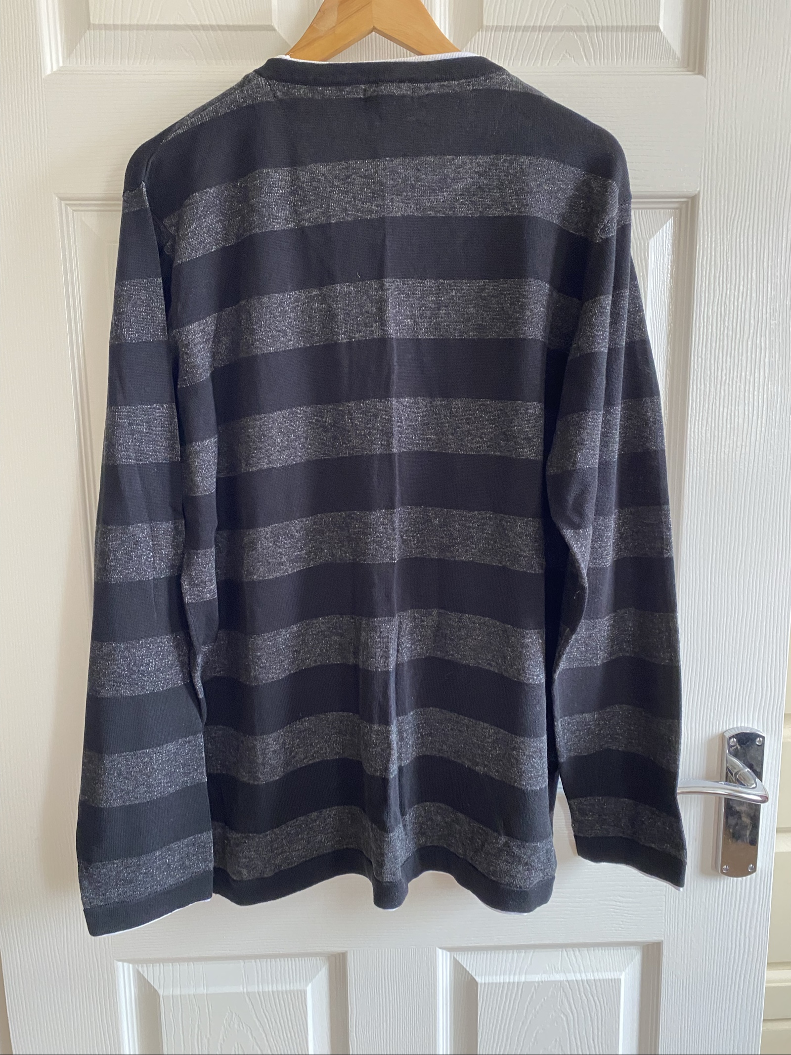 F&F Black & Grey Striped V-Neck Linen Blend Knitted Jumper - Size XL image 5