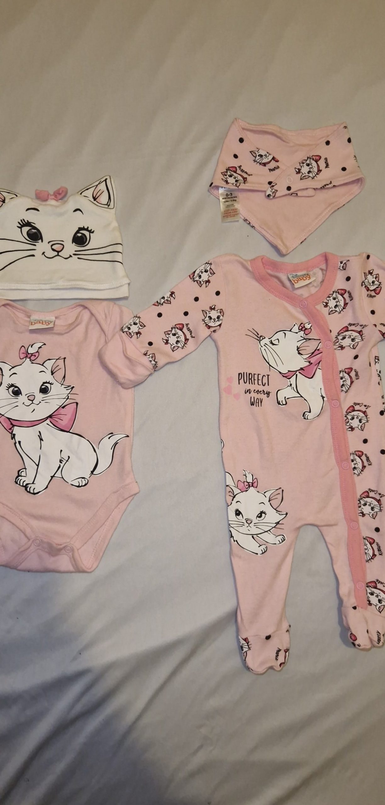 Disney Marie Pink Baby Romper Sleep Suit Hat & Bib Set 0-3 Months