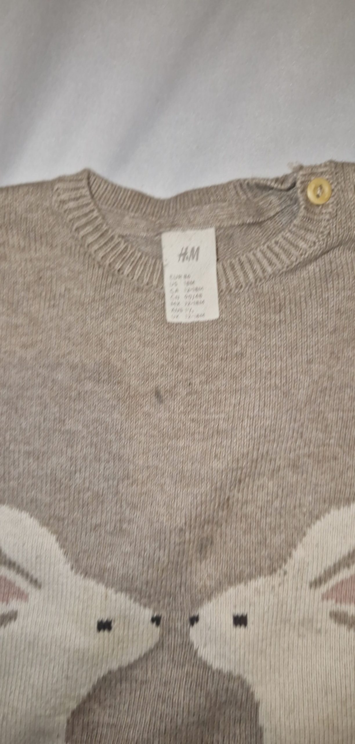 H&M Beige Rabbit Print Jumper 86cm with Button Neck Detail