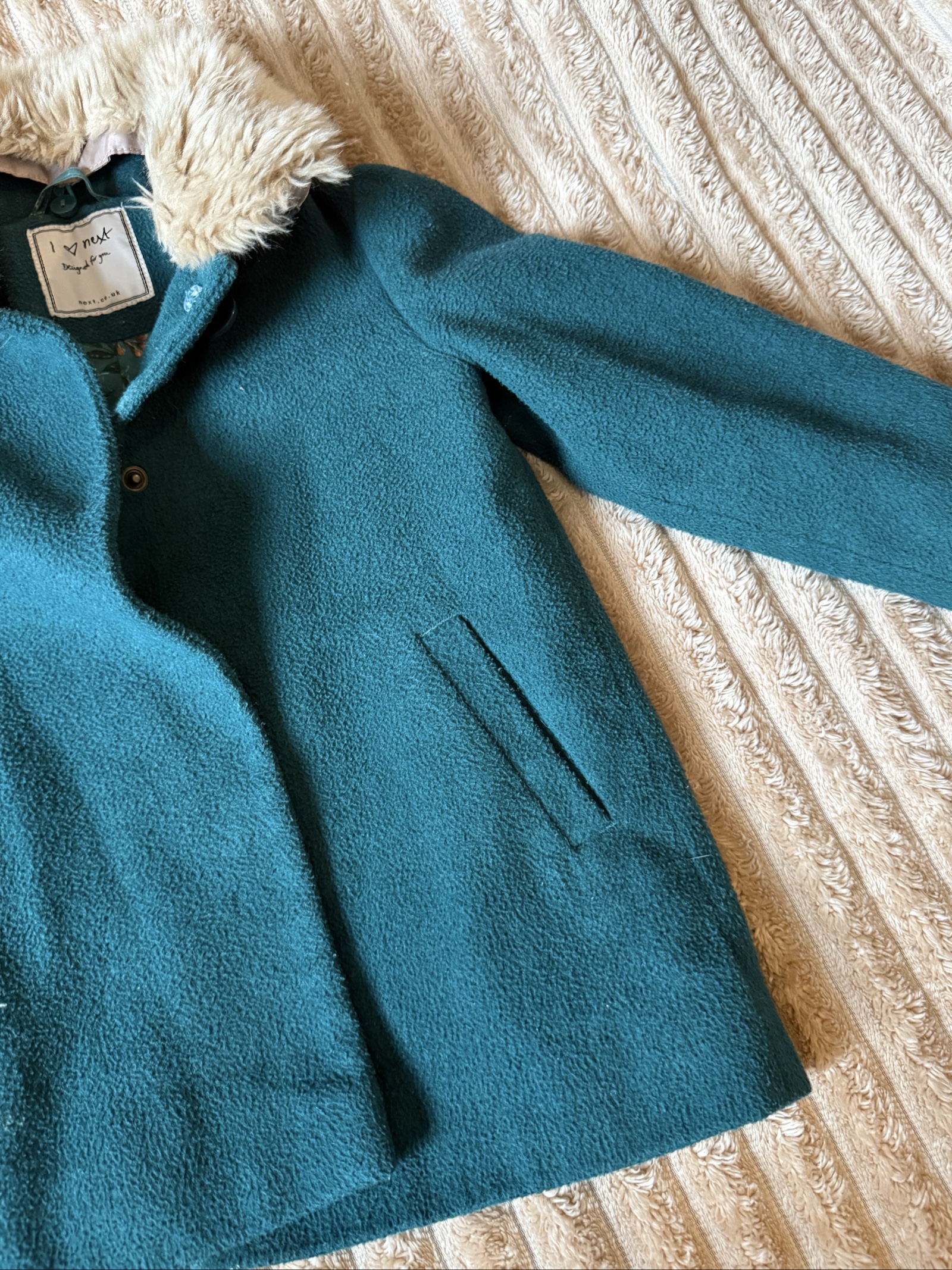 Next Teal Coat with Faux Fur Collar Kids 2-3 Years Floral Lined image 3