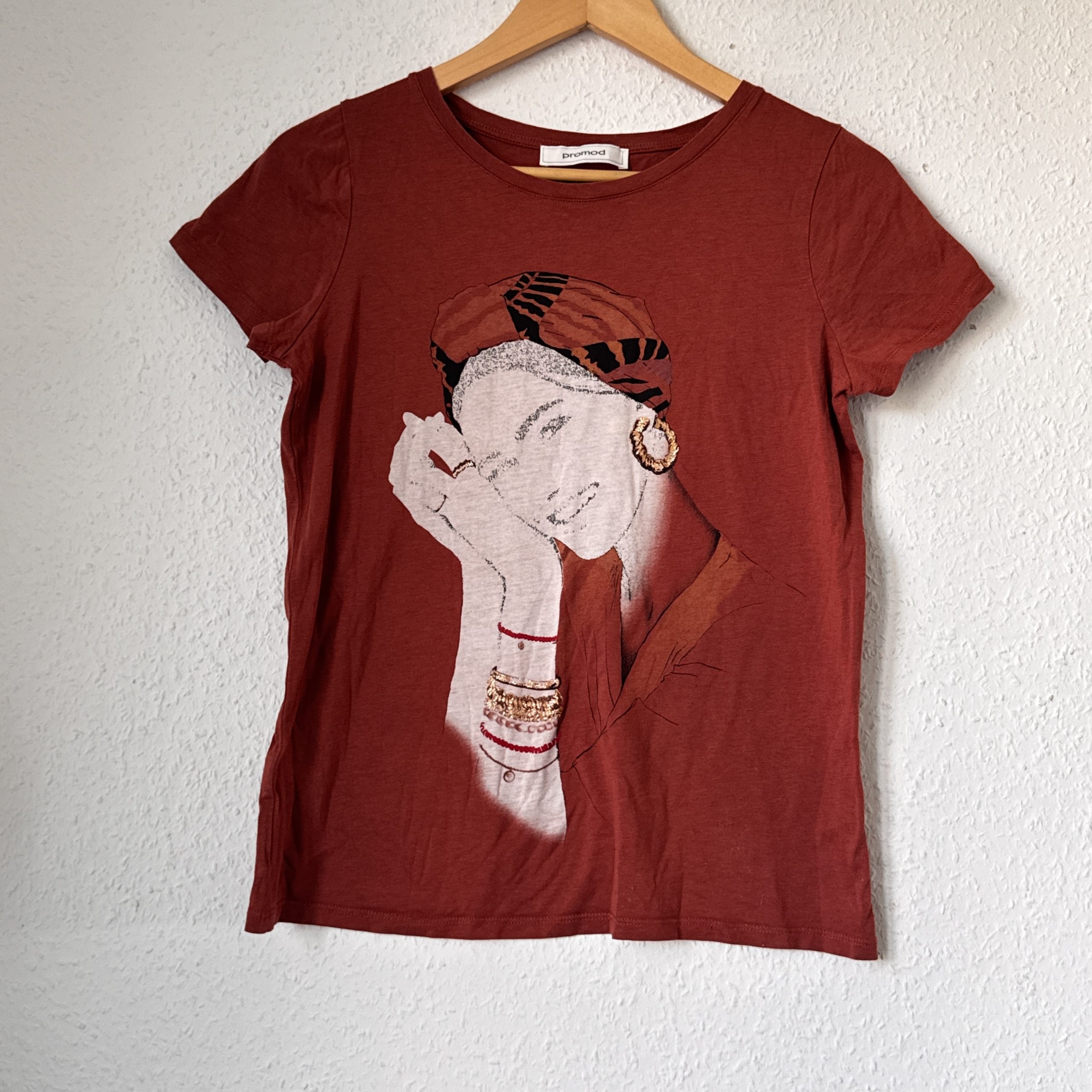 Promod Rust Brown Printed Woman Graphic T-Shirt Size L 2356