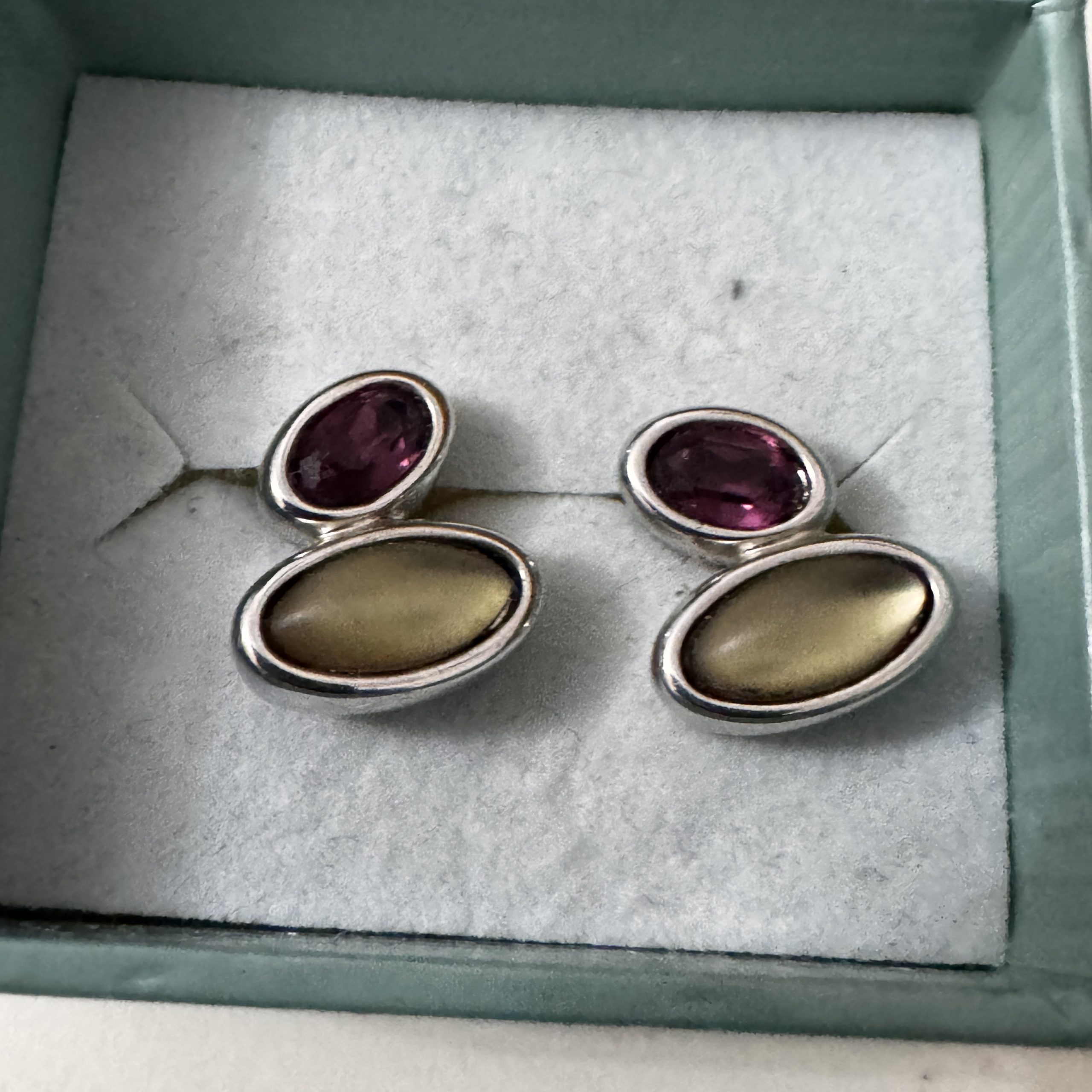 Silver Purple & Gold Oval Stone Earrings J28-Jewel