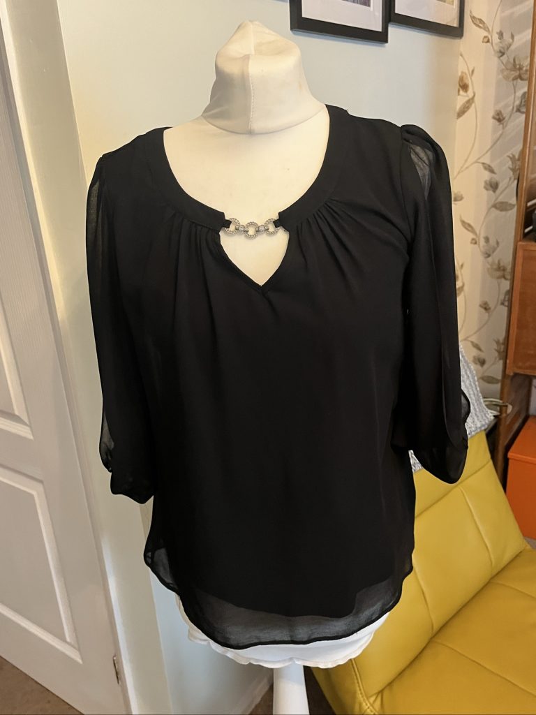 Billie & Blossom Black Sheer Sleeve Top UK 12 Crystal Chain Detail