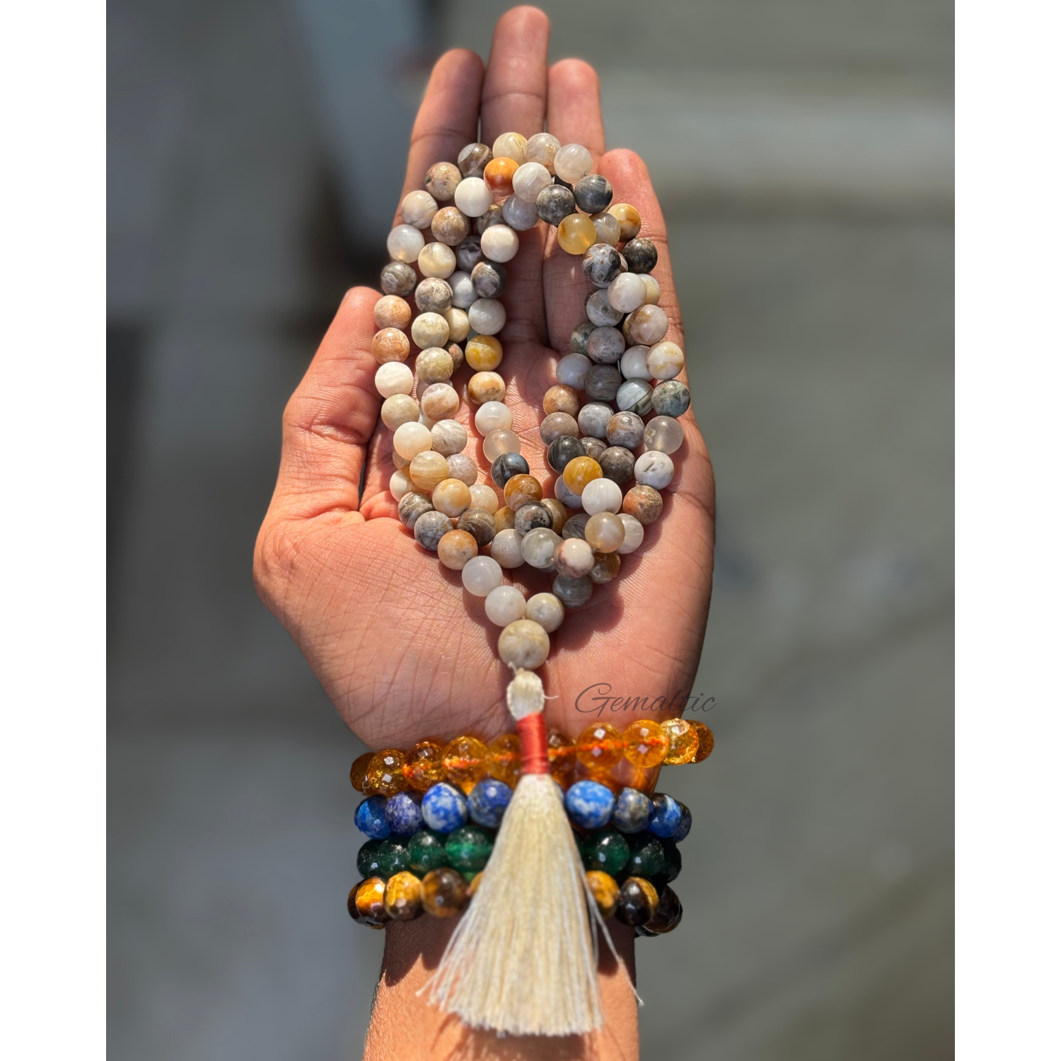 Bamboo Leaf Agate Jap Mala Necklace – 108 Beads for Meditation & Healing