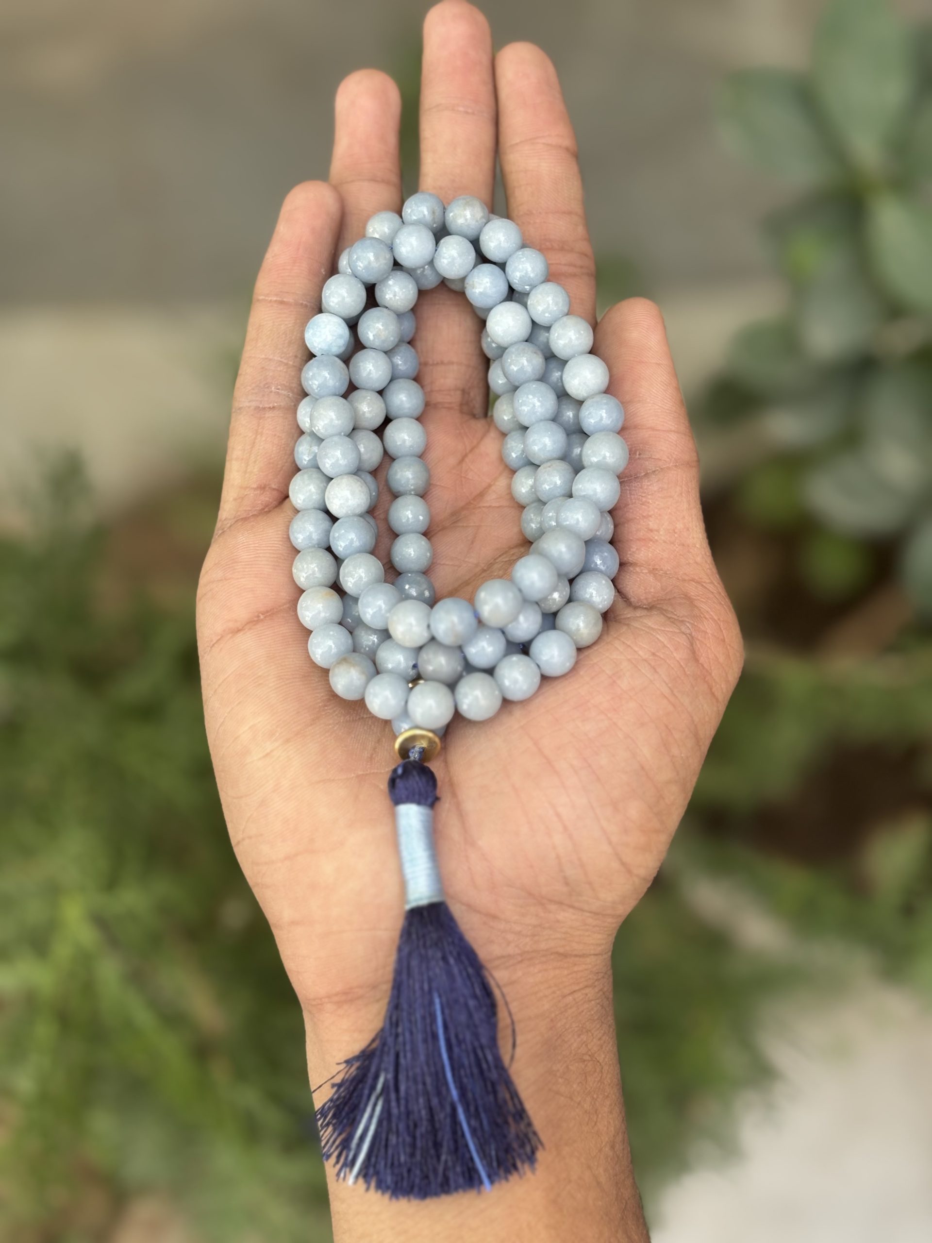 Blue Angelite Jap Mala Necklace – 108 Beads for Calm & Meditation