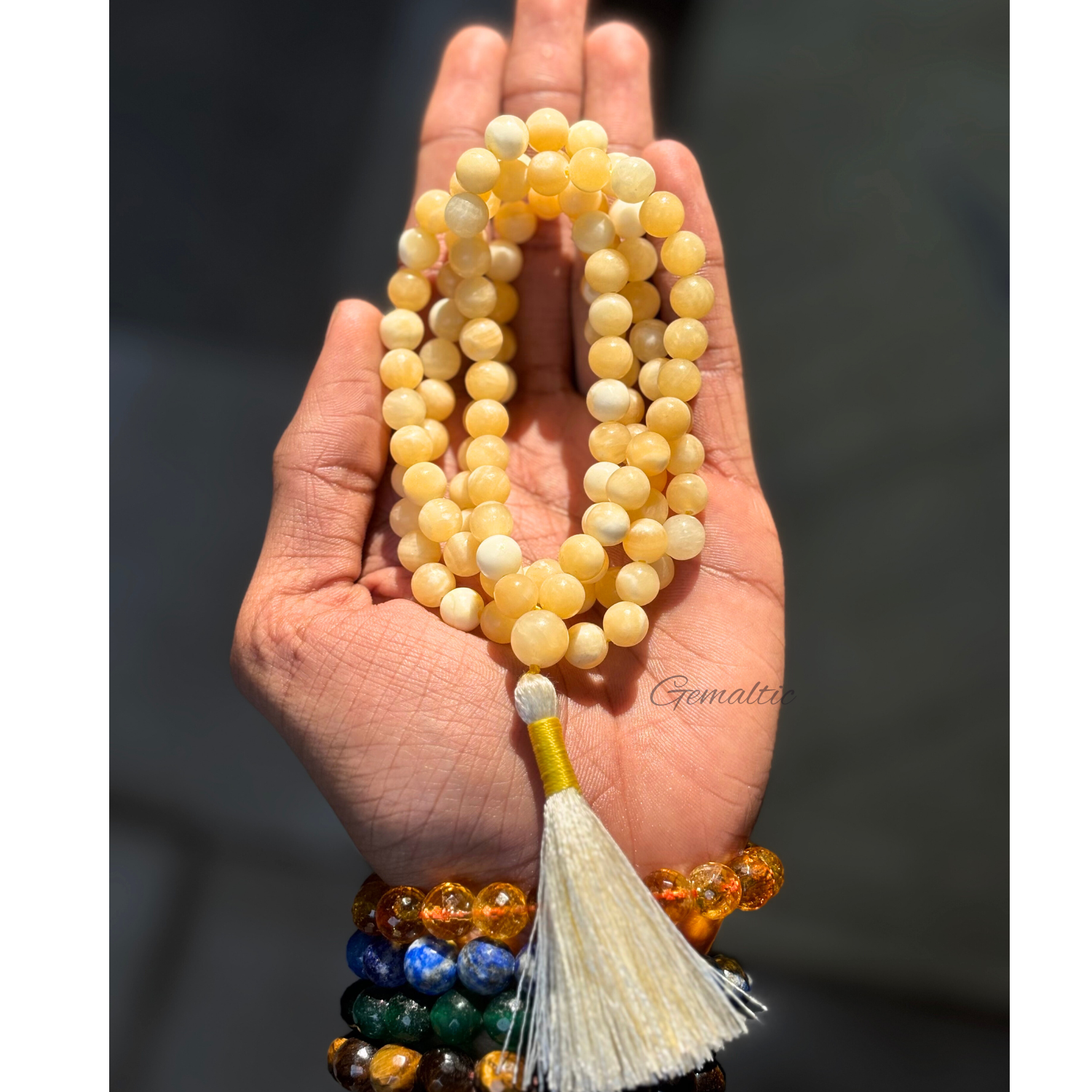 Yellow Calcite Jap Mala Necklace – 108 Beads for Energy & Meditation