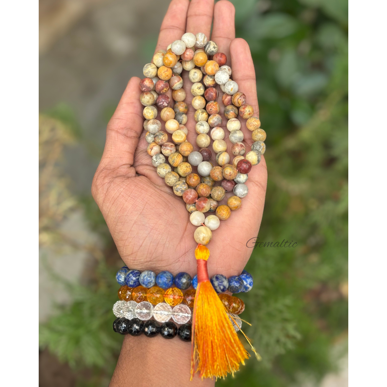 Crazy Lace Agate Jap Mala Necklace – 108 Beads for Joy & Meditation
